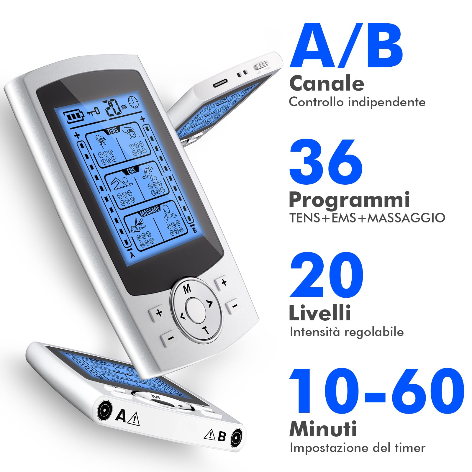 TENS EMS Elettrostimolatore Muscolare, 3 in 1 per Alleviare Il Dolore e Costruire Muscoli, Funzione Massaggio, con 2 Canali e 36 modalità, 20 Livelli di Intensità, 10 Pezzi di Elettrodi TENS