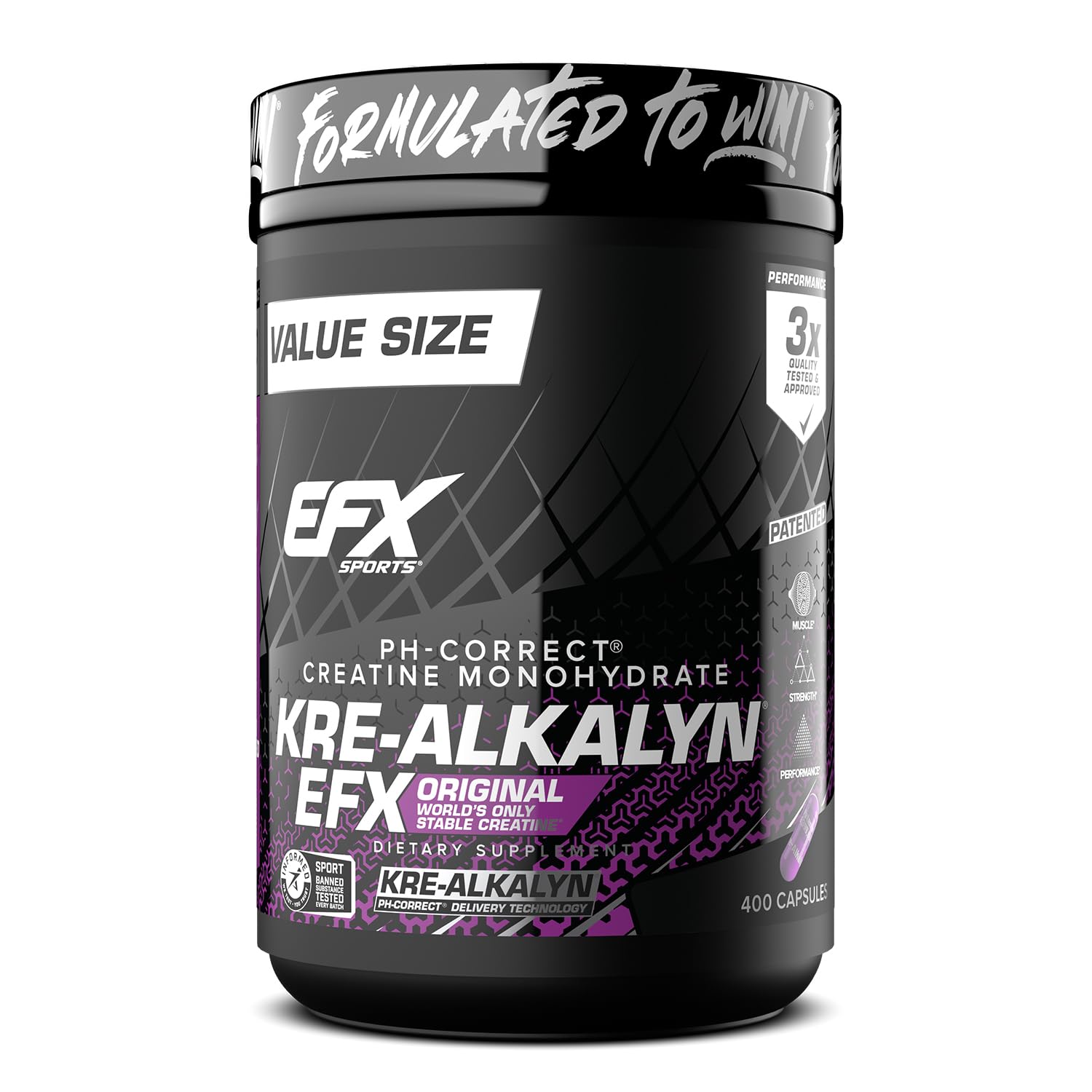 EFX Sports Kre-Alkalyn | PH Correct Creatine Monohydrate | Patented Formula, Gain Strength, Build Muscle & Enhance Performance - 400 Capsules / 200 Servings