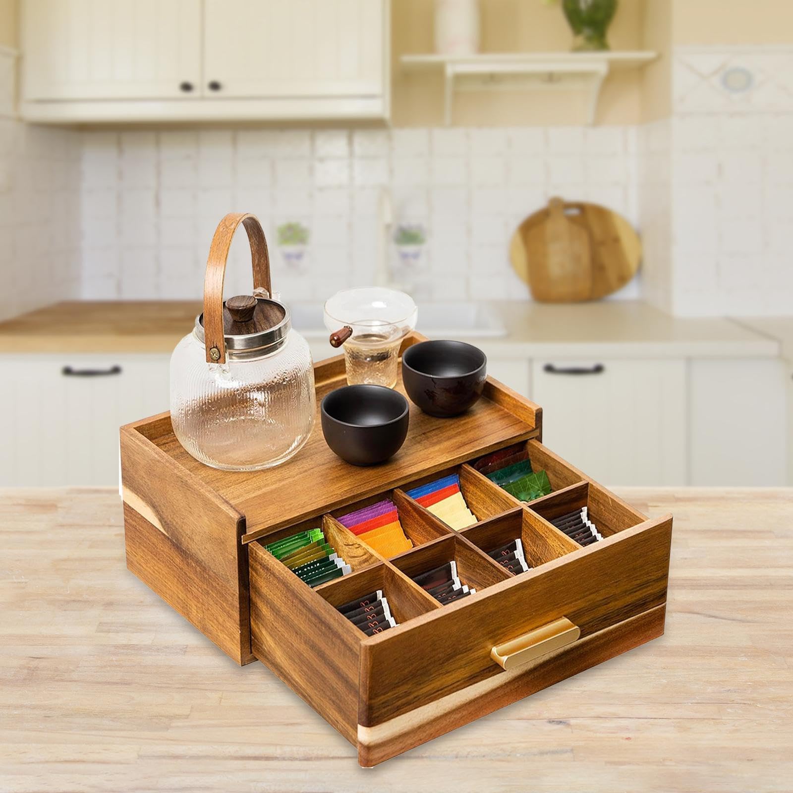 Organiseur de Sachets de Thé en Bois, Boîte de Rangement pour Sachets de Thé, Tiroir Boîte de Rangement, Boite de Rangement Cuisine, Support de Sachets de Thé, pour Sachets de Thé, Café, Infusion
