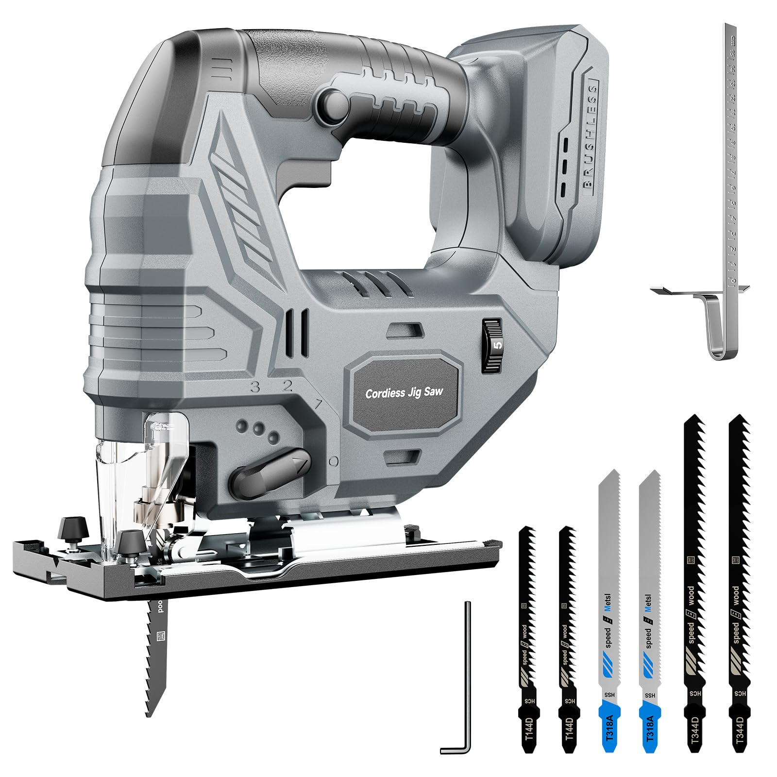 Photo 1 of ***UNABLE TO TEST***Cordless Jigsaw Compatible with DeWalt 20V Battery, Brushless Motor, 7-Speed Variable Control, 3200 RPM, 800W Power, 0–45° Bevel, LED Light, 6 Blades Included (Tool Only)