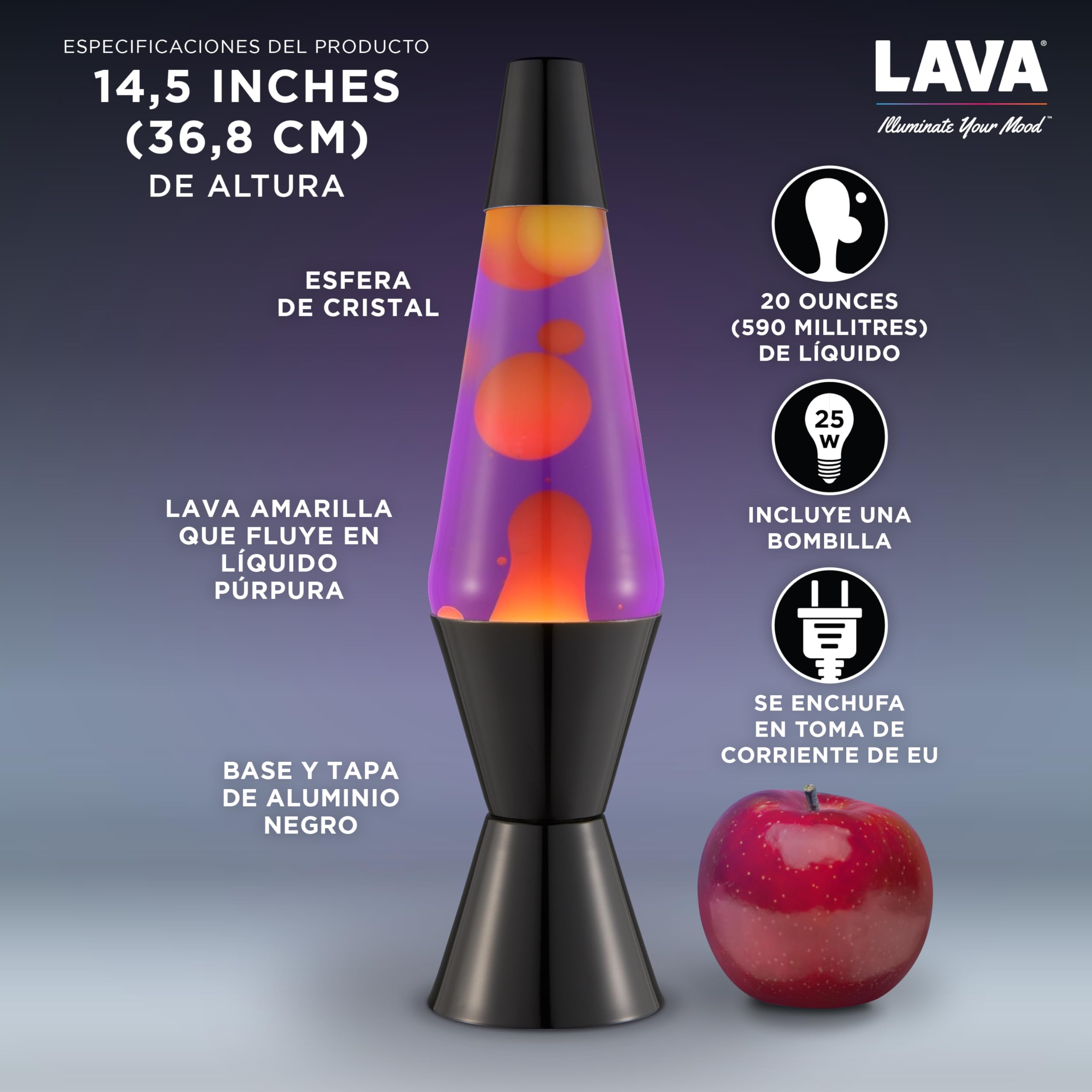 LAVA® - Lámpara Lava 2323, cera amarilla, líquido morado, base y tapa negro, original de 14,5 pulgadas. Lámpara de movimiento marca LAVA®