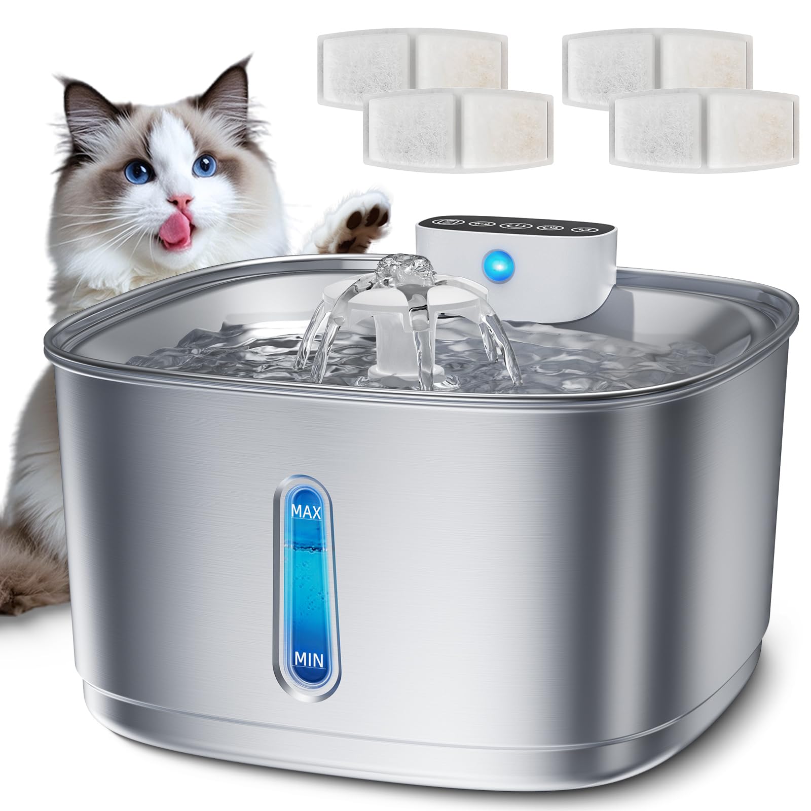 Wireless Cat Water Fountain Battery Operated, 108oz/3.2L Stainless Steel Automatic Pet Water Fountain for Cats & Dogs with Motion Sensor, Ultra Quiet Cordless Cat Drinking Fountain with 4 Filters
