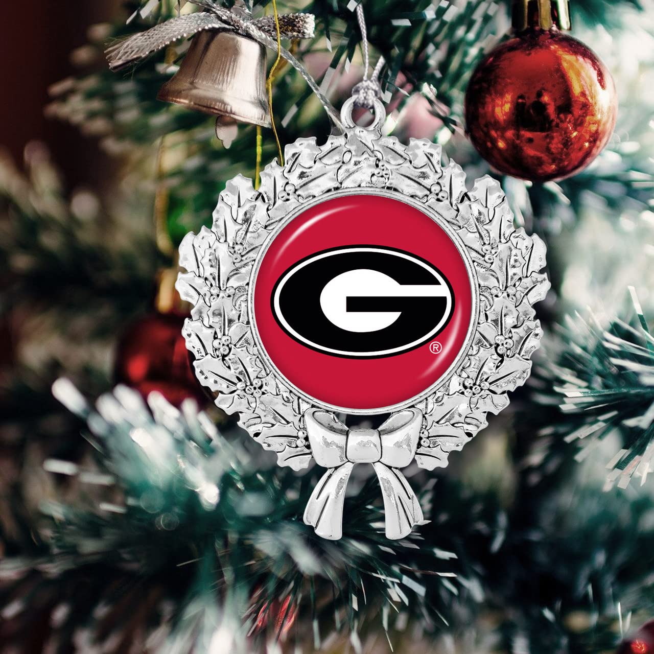 From the Heart Enterprises Georgia Bulldogs Wreath with Team Logo Silver Metal Christmas Ornament Gift Tree Decoration UGA