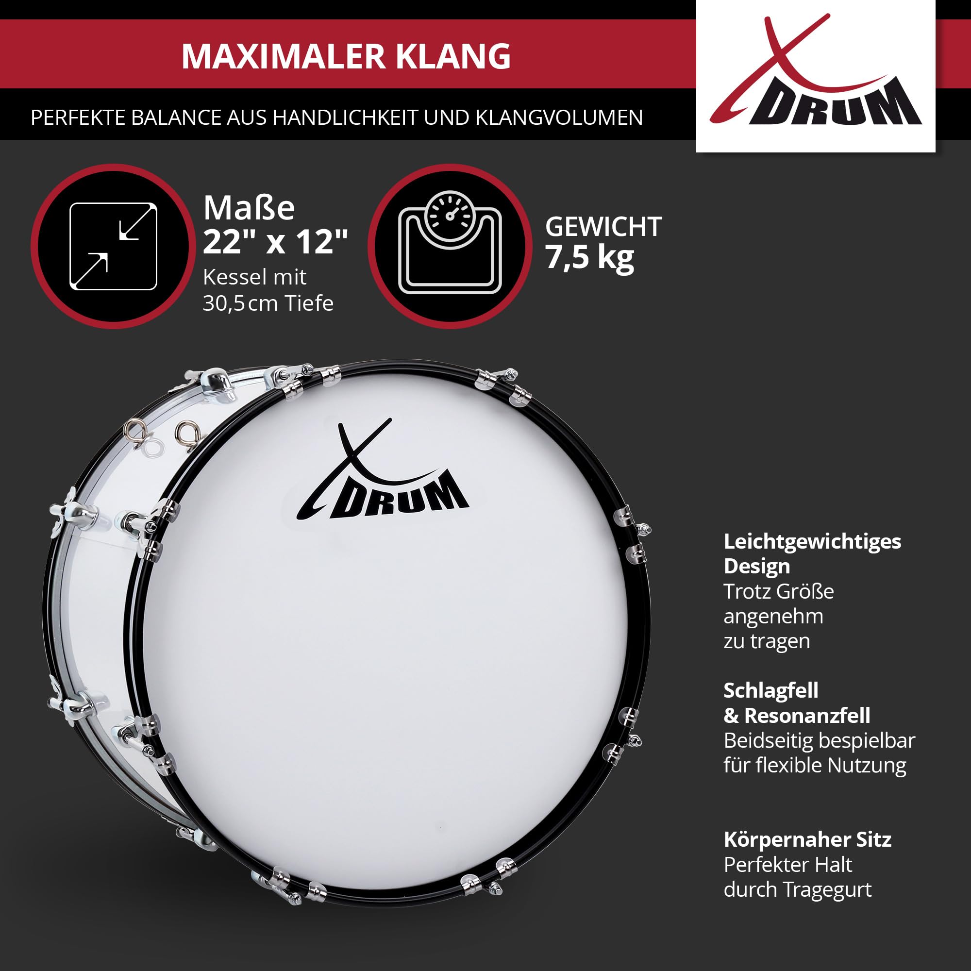 XDrum MBD-222 Grancassa da marcia 22" x 12" - grande grancassa da marcia - 7,5 kg - 4 occhielli per imbracatura - 8 tiranti per lato - incl. mazzuoli, imbracature e chiave di accordatura - Bianco