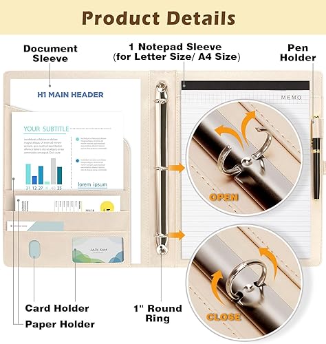 Miniatura 2 de Padfolio - Carpeta de 3 anillos de 1 pulgada, portapapeles de negocioscurrículums, carpeta de lona de cuero, carpeta de carpetas de cartón, para