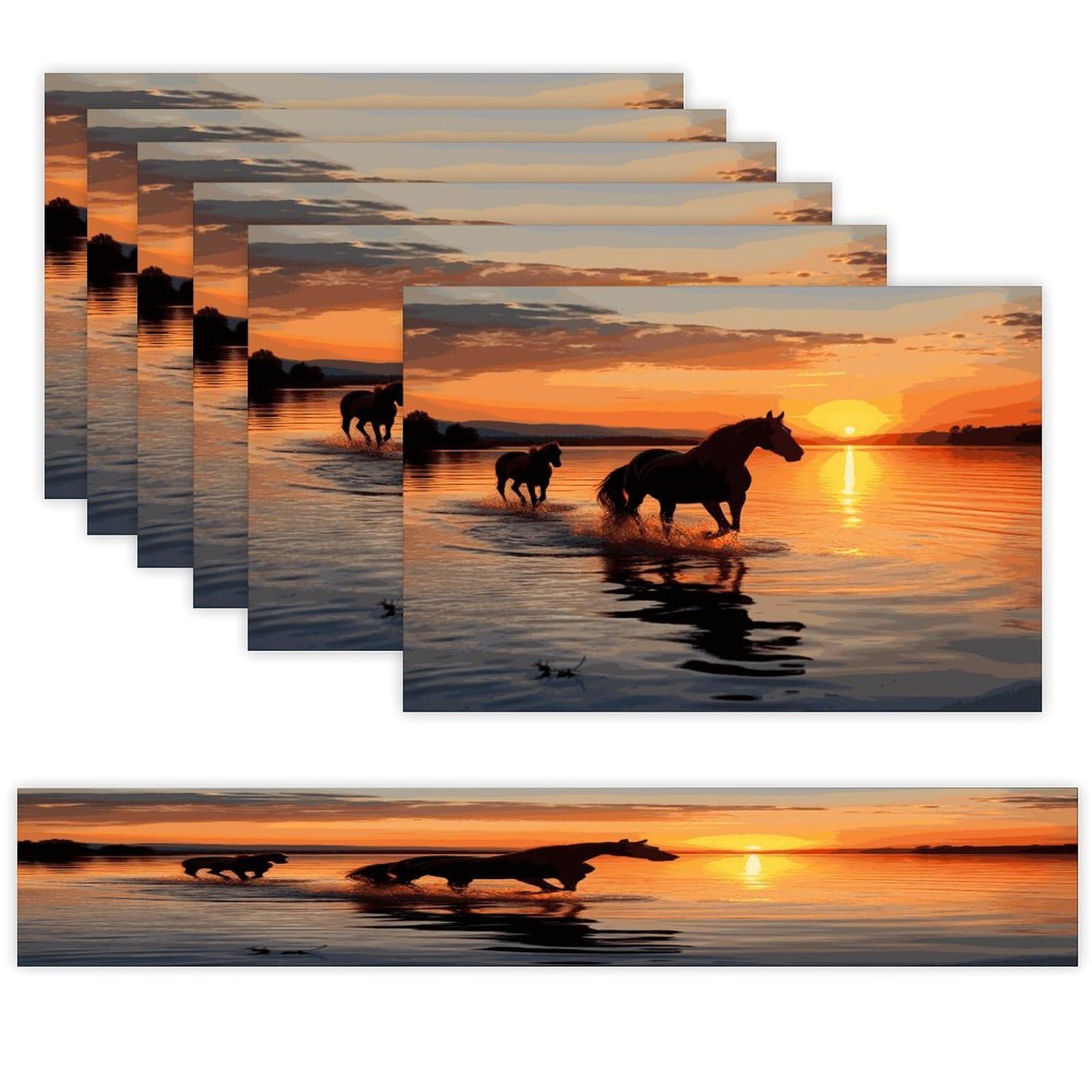 Sunsets Lake Horses Table Runner and Placemats Set of 6 for Kitchen Washable Table Mats Heat Resistant Place Mats Non-Slip Place Mat Wipeable Placemat(6 Placemats+1 Table Runner)