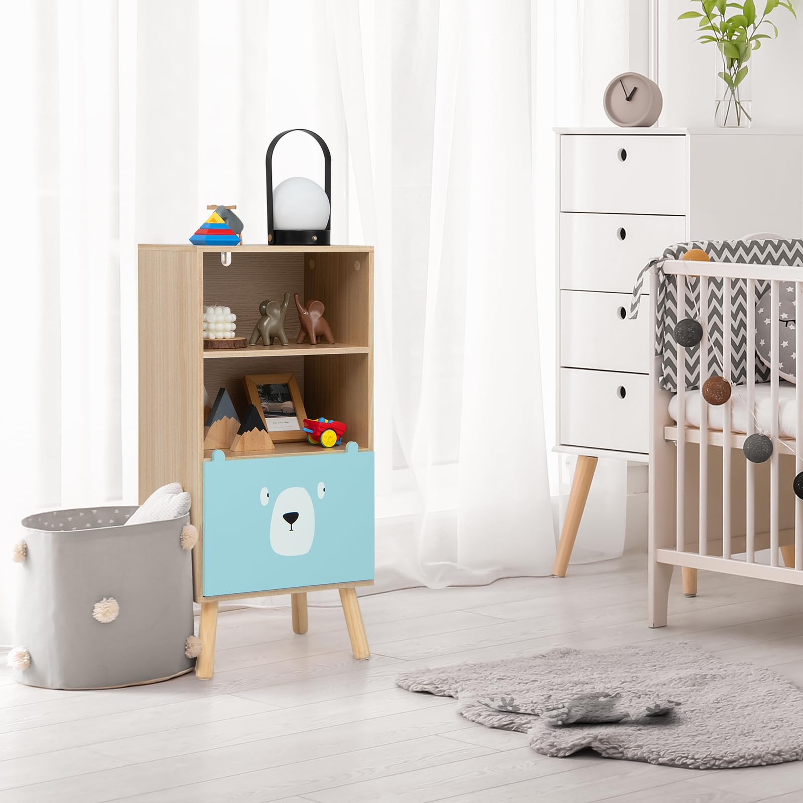 KOMFOTTEU Scaffale per Bambini a 3 Livelli, Scaffale per Bambini con Protezione Antiribaltamento e Motivo a Cartoni Animati, Scaffale per Giocattoli con 2 Scomparti Aperti e 1 Cassetto