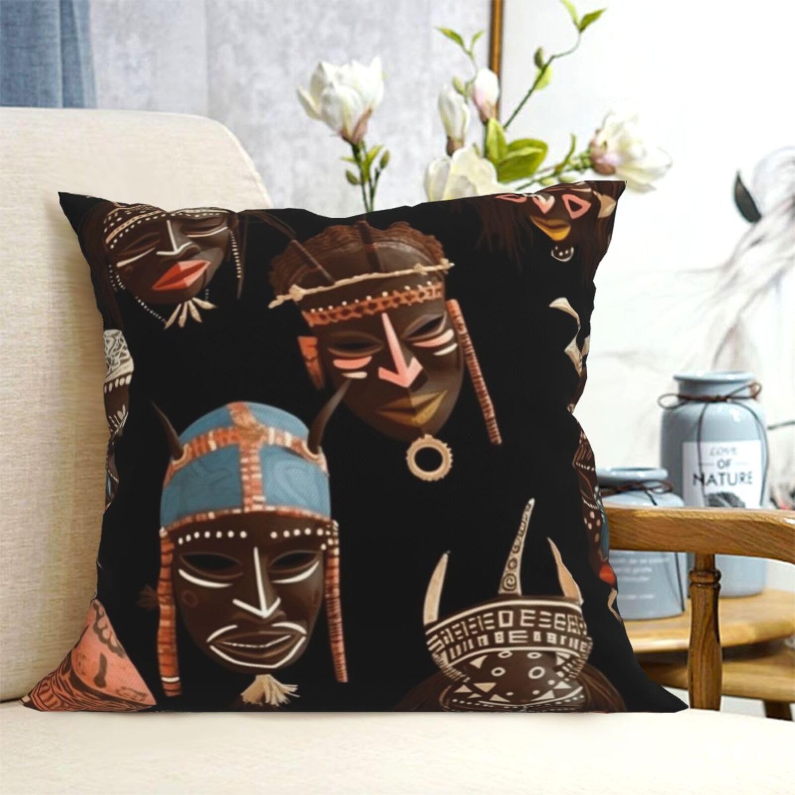 Fodpand Black Decorative Throw Pillow Covers 20"X20" African Ritual Ethnic Tribal Cushion Cases Square Modern Farmhouse Pillow Cases Soft Cozy Cushion Covers For Couch Sofa Bedroom Home Decor Pillowcase