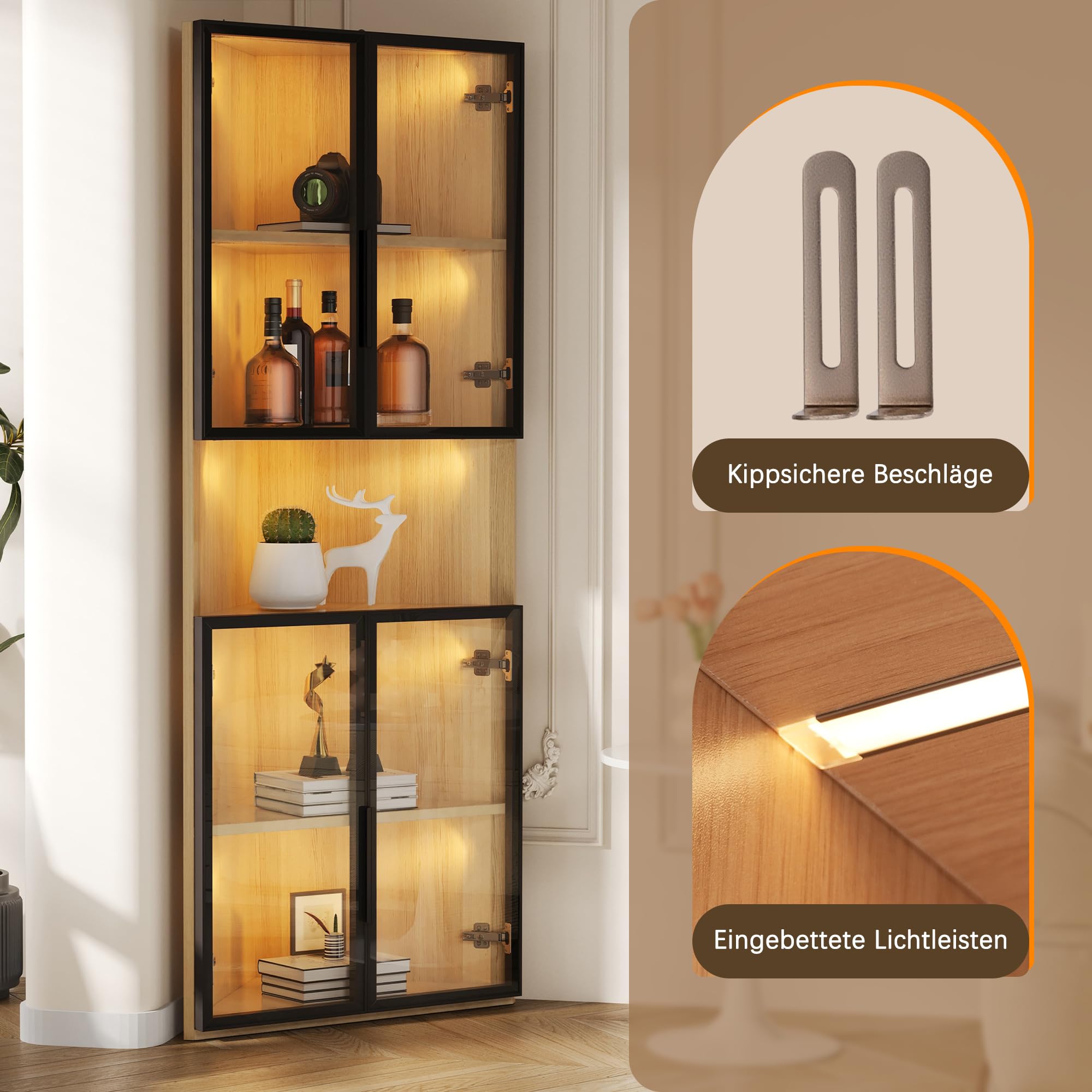 REXO Vetrina in vetro a LED, 62 × 32 × 160 cm, effetto rovere, striscia luminosa a LED, vetro temperato antipolvere, vetrina angolare con porta, libreria, vino e bagno
