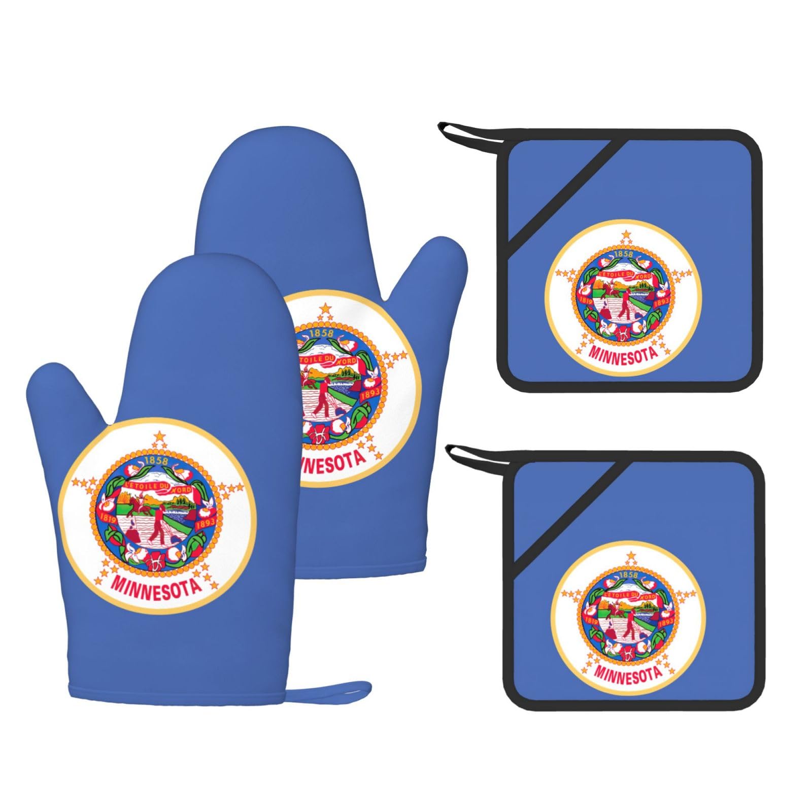 Minnesota State Flag Printed Kitchen Oven Gloves and Potholder 4 Pcs, Non-Slip Heat Resistant Mitts for Baking Chef