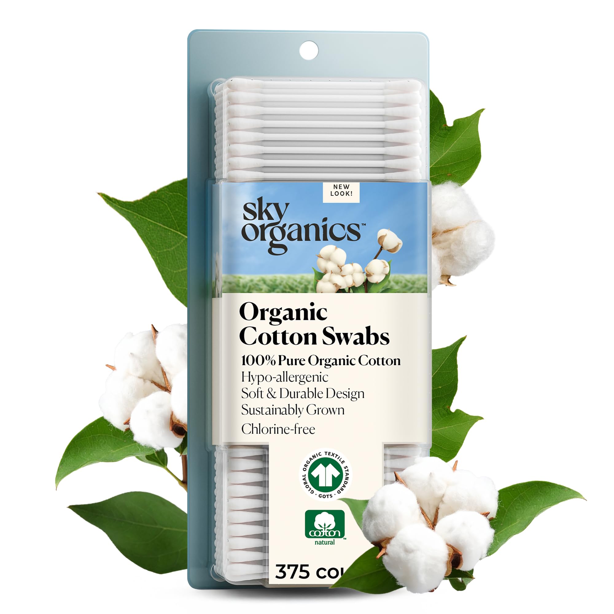 Sky Organics Organic Cotton Swabs for Sensitive Skin, 100% Pure GOTS Certified Organic for Beauty & Personal Care, 375 ct.