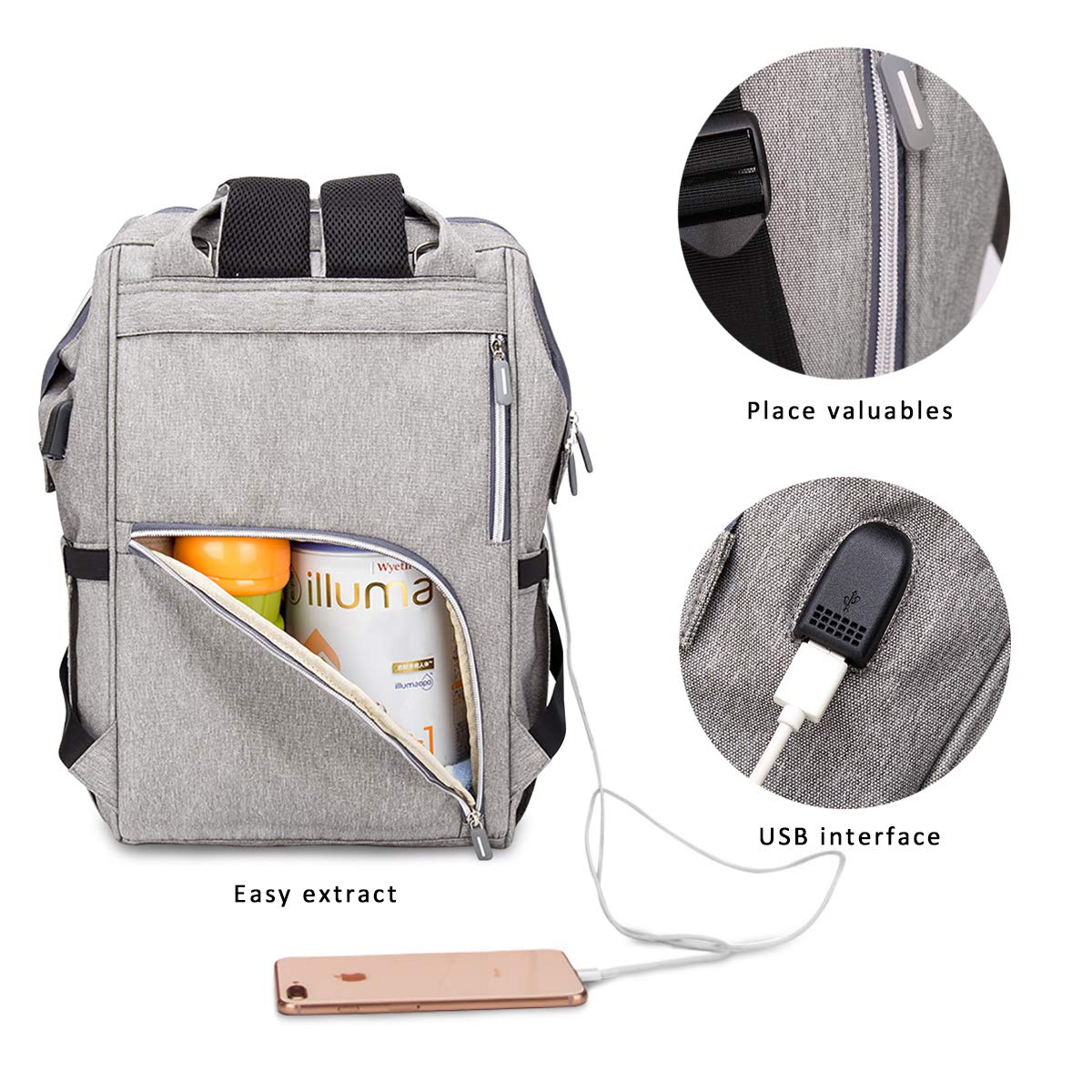 SONARIN Multifunctionele luierrugzak voor baby's, waterdicht, luiertas, reisrugzak organizer met fles geïsoleerde zakken, USB-interface, grote capaciteit, elegant, ideaal cadeau (grijs