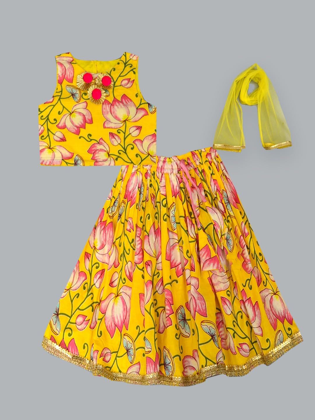 A.T.U.N. (ALL THINGS UBER NICE) Lehenga Choli - Set da ragazza in cotone etnico floreale con pizzo e Dupatta, tradizionale vestito festivo in 3 pezzi per bambini