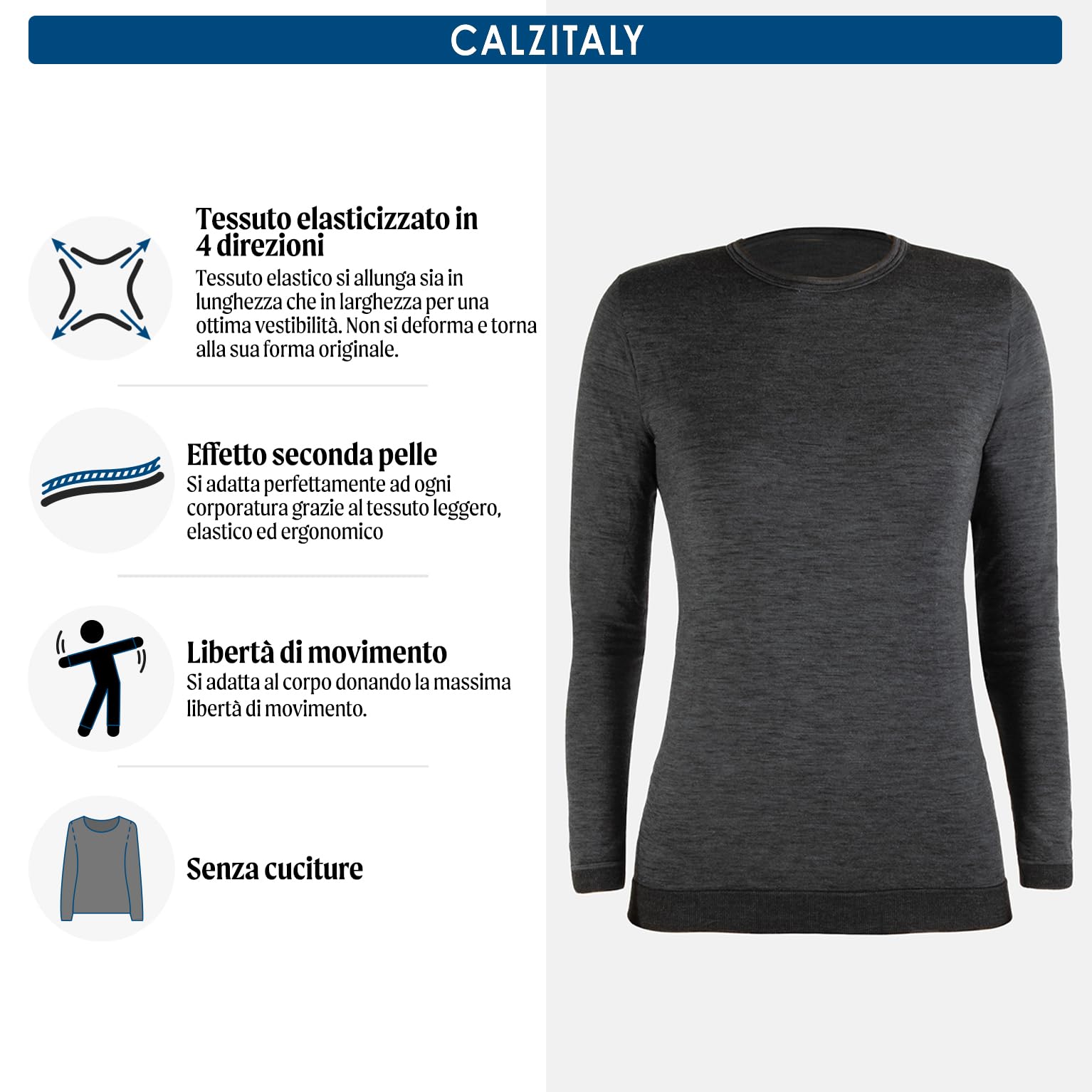 CALZITALY Maglia Termica Unisex, Maglietta Lana Merino Manica Lunga, Intimo Termico Uomo e Donna, Sci, Escursionismo, Trekking | Made in Italy