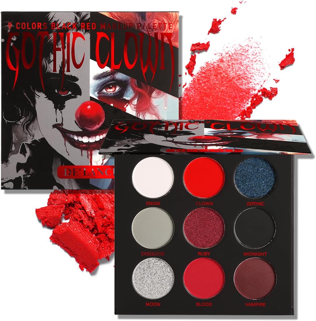 Afflano Rode oogschaduw-palet, Halloween, gothic, clown, make-up, glitter, metallic, rood, zwart, wit, zilver, oogschaduw, hoog gepigmenteerd, rode ogen, joker, zombie, vampier, skelet, podium,