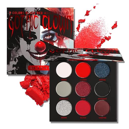 Afflano Paleta de sombras de ojos negra y roja, maquillaje de payaso gótico de Halloween, paleta de sombra de ojos blanca plateada con purpurina