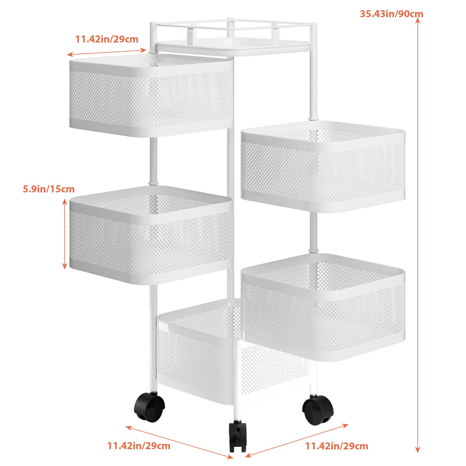 Carrello da cucina rotante a 5 strati in filo metallico per frutta e verdura, versatile carrello portaoggetti con coperchio, per cucina e soggiorno, mobile su ruote
