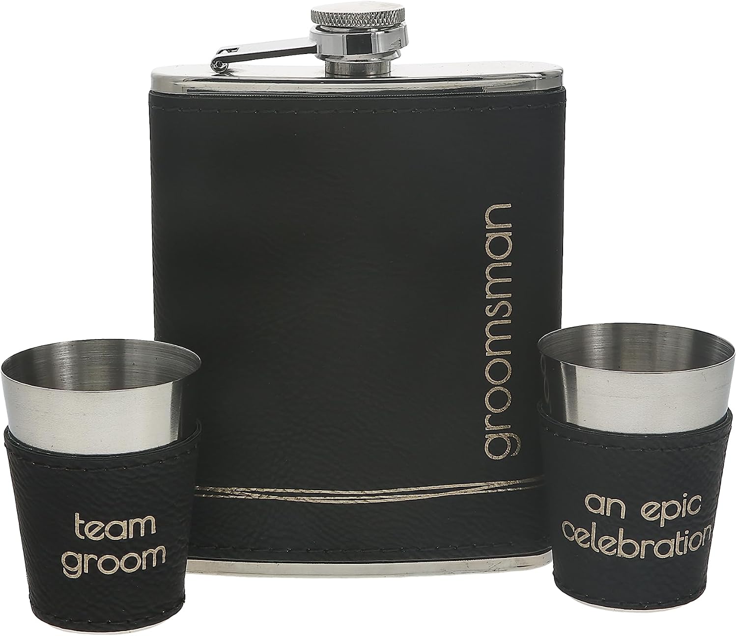Pavilion Gift Company - Groomsman - 8-ounce Flask & 2-ounce Shot Glass Set, Engraved Groomsmen Flask, Groomsmen Gift For Wedding Favor, Stainless Steel Hip Flask For Liquor With Shot Glasses