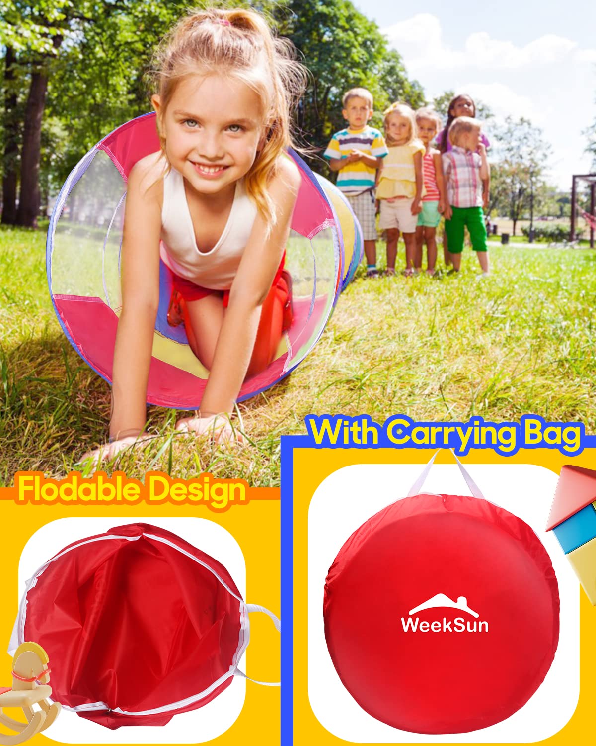 WEEKSUN Tunnel per bambini, tunnel da gioco per bambini, 180 cm, con finestra a rete traspirante, design pop-up con borsa per il trasporto, tunnel per tutti i piccoli, interni ed esterni (Ø 46 cm)