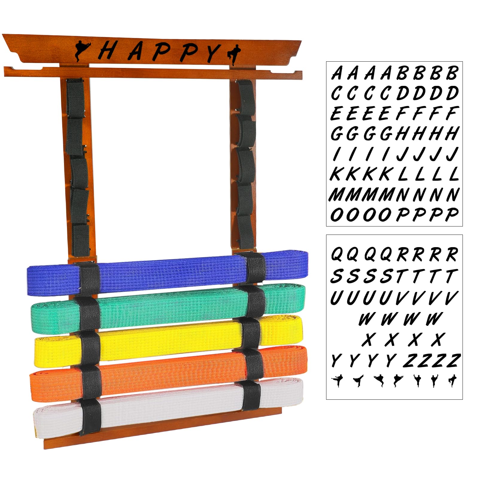 Youyijia 10 Belts Karate Display Rack Martial Arts Belt Holder with Medal Hanger & Stickers – Taekwondo Belt Storage Shelf Holder for Christmas Decorations, Judo And Karate Belt Organiser (Walnut)