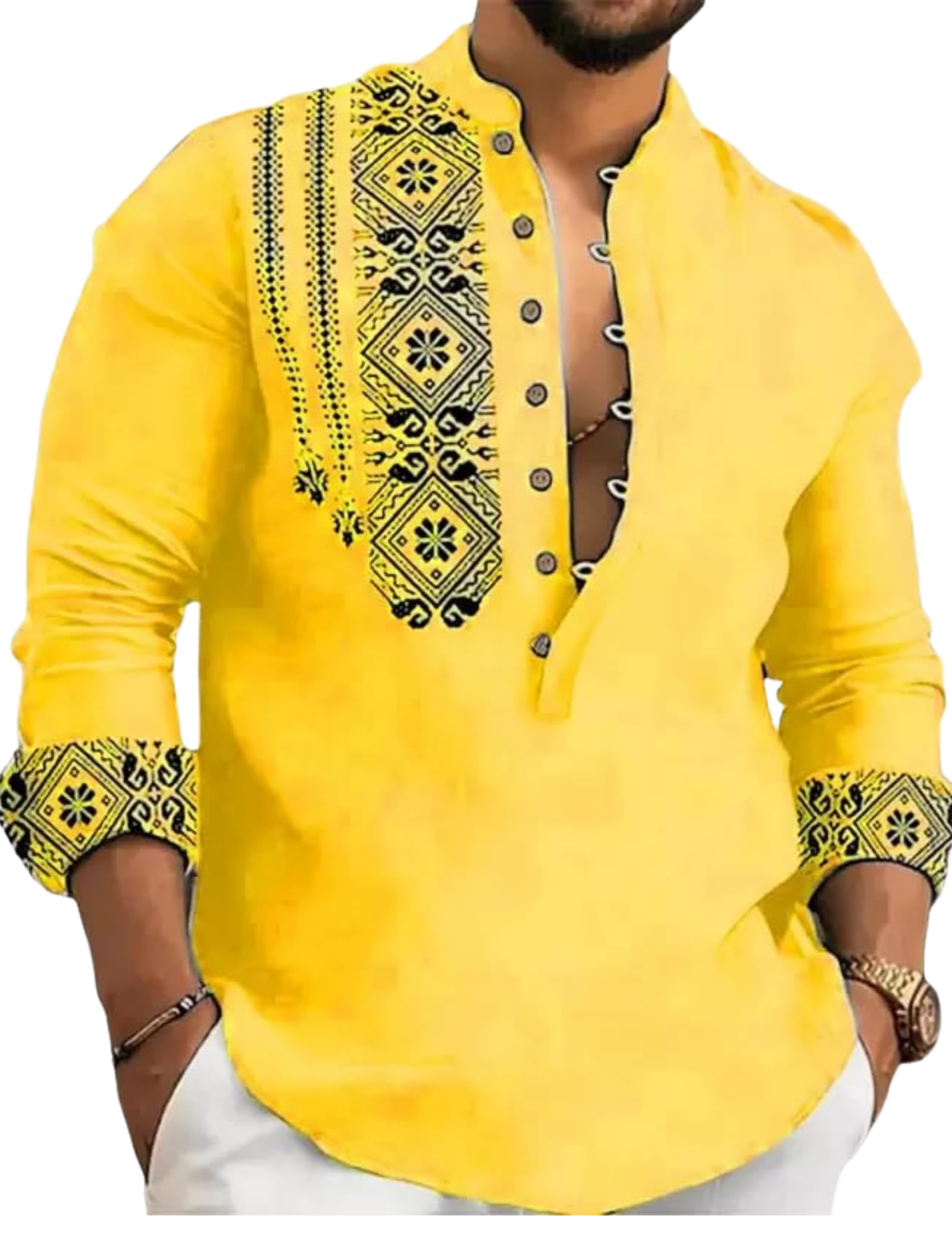 Deemoon Men's Yellow Cotton Blend Mandarin Collar Self One Design Full Sleeve Casual Short Kurta, Xxl