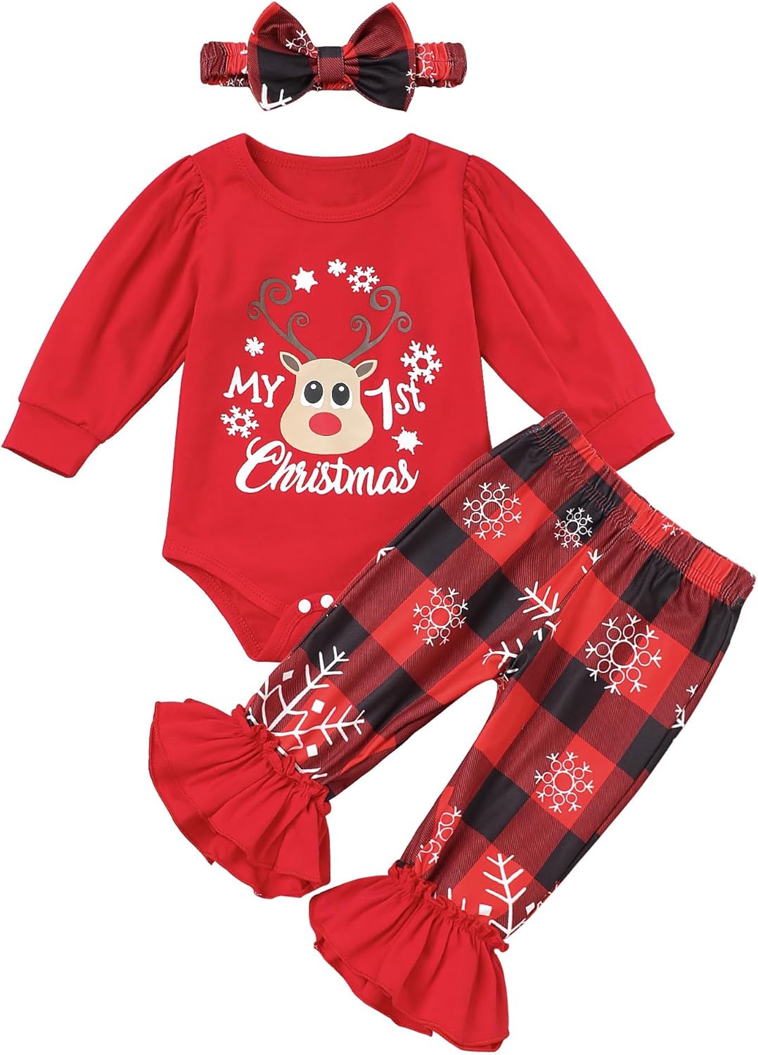 My First Christmas Outfit Newborn Baby Girl Bodysuit Snowflake Plaid Ruffle Bell Bottom Pants Headband Christmas Clothes Set My First Christmas Outfit Newborn Baby Girl Bodysuit Snowflake Plaid Ruffle Bell Bottom Pants Headband Christmas Clothes Set