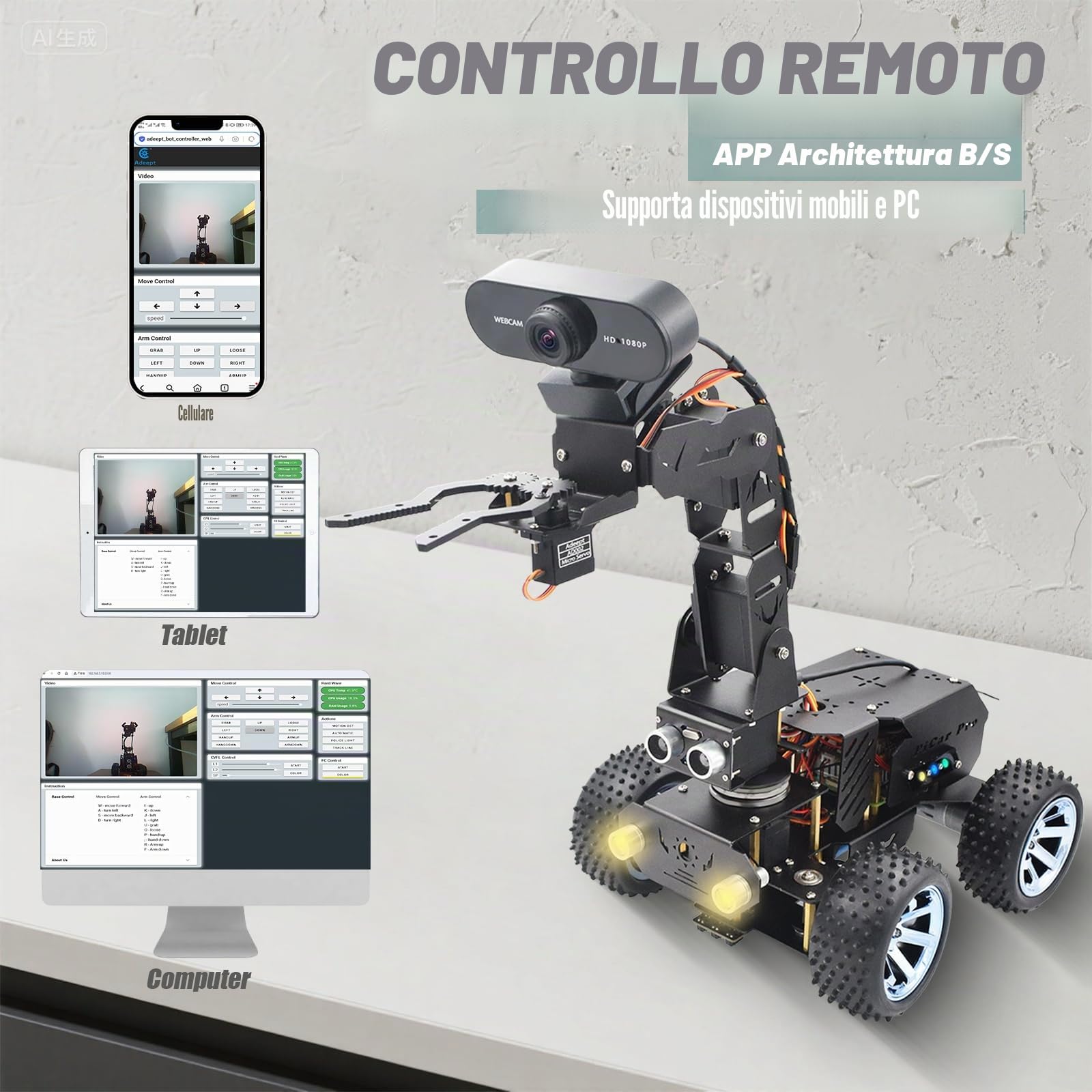 Adeept PiCar Pro V2 - Kit robotico (Raspberry Pi non incluso), Smart Car con braccio robotico 4-DOF per Pi 5/4/3, fotocamera HD 1080P, OpenCV, prevenzione ostacoli, tracciamento linea, ricarica USB-C