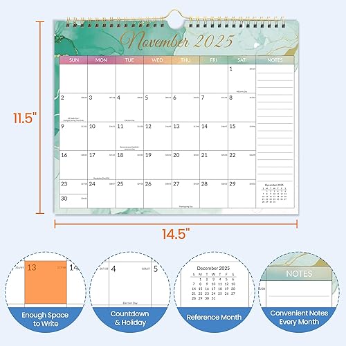 Vista 13 de SUNEE Calendario 2026 de pared de 18 meses, octubre de 2025 a marzo de 2027, calendario colgante grande de 12 x 17 pulgadas 2026 con notas, mes CUTE