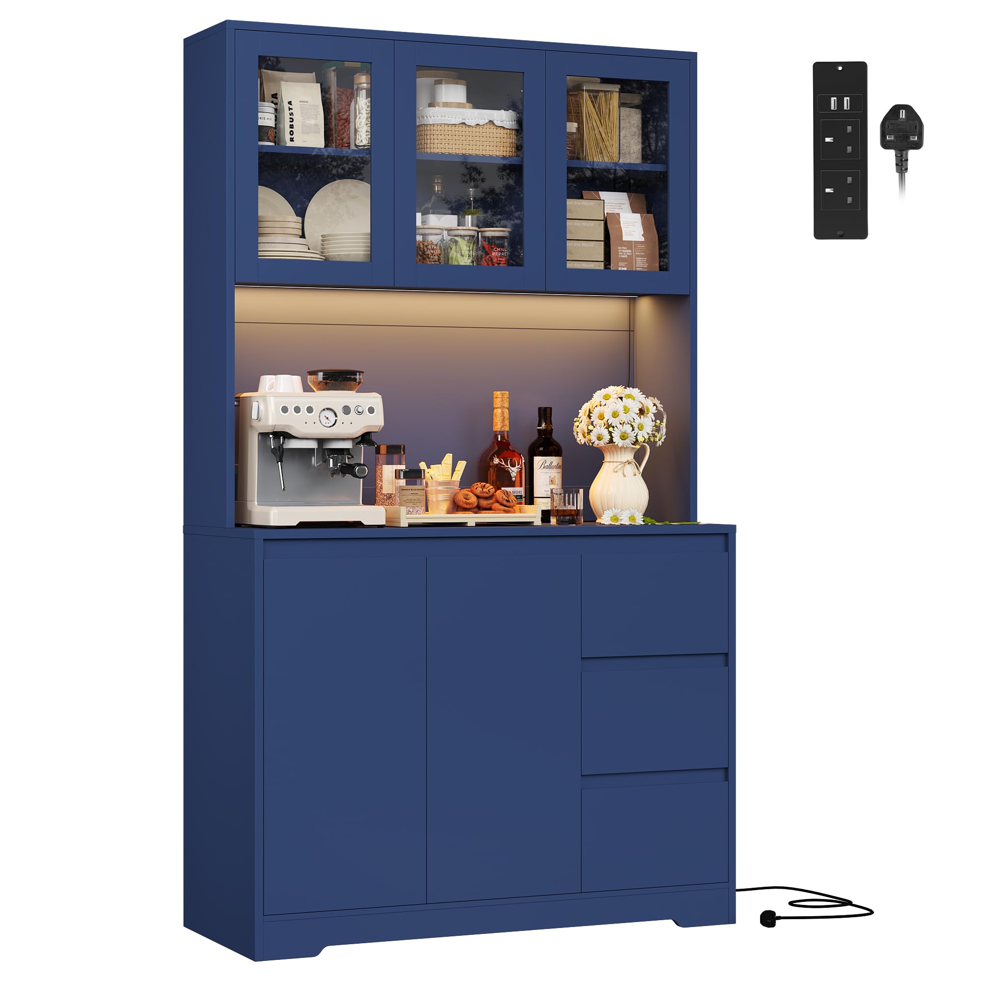 FirFurd Kitchen Cupboard 180cm Tall Cabinet with LED, Power Sockets Kitchen Sideboard Storage Cabinet with Large Countertop, Adjustable Shelves, 3 Drawers 180x100x38.5 cm Blue — image 1