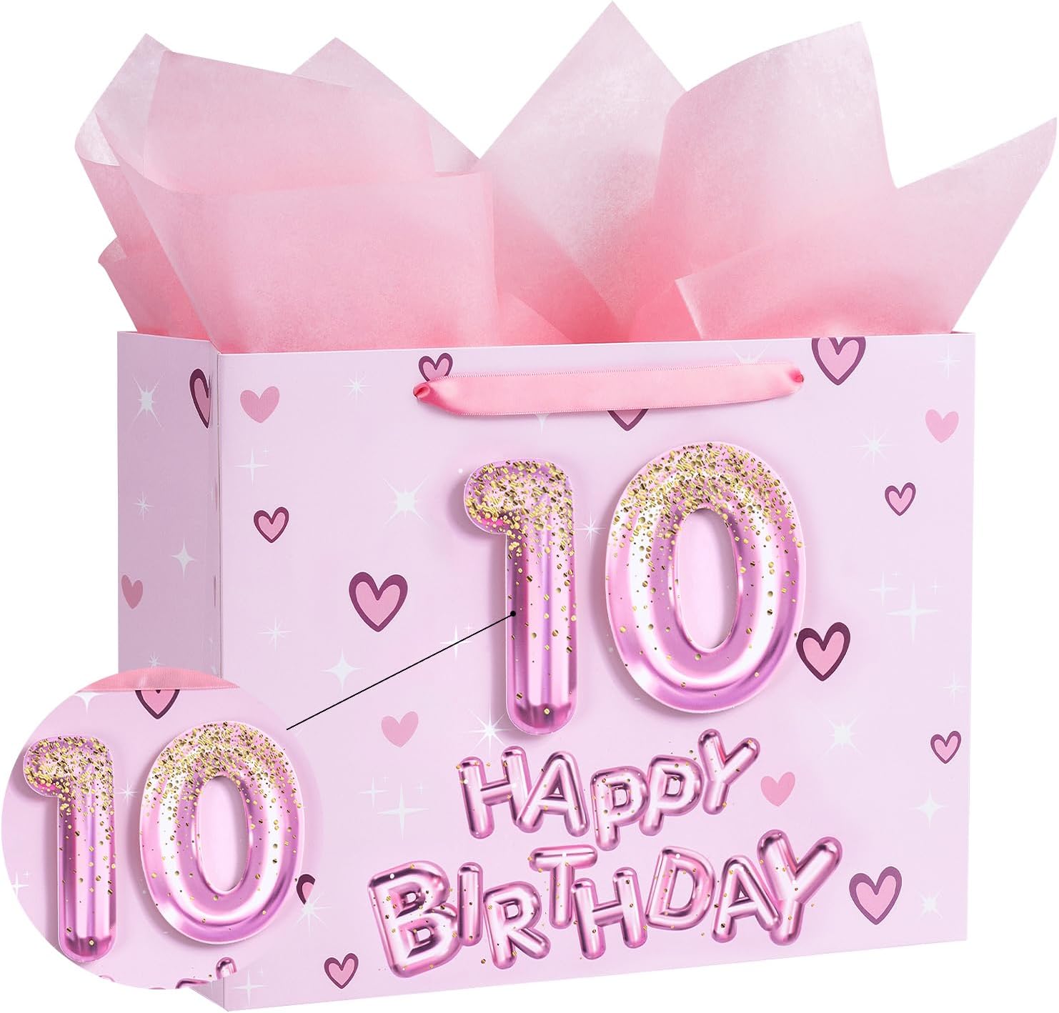 Loveinside 10th Birthday Gift Bag for Girls, Pink 3D Number 10 Balloons and Hearts Design, Medium Size Bag with Tissue Paper, Tag, Greeting Card, Ideal for Birthday Celebration, 10" x 5" x 13", 1 Pcs - Image 7