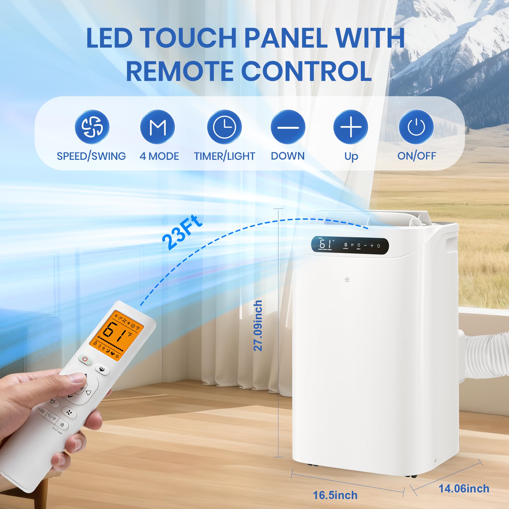 14000 BTU Tragbare Klimageräte für Raumkühlung bis zu 700 Sq.Ft, 3-in-1 Leise Tragbare AC Einheit mit Luftentfeuchter Ventilator, Fernbedienung, Smart Sleep Modus, 24H Timer, Windows Kit enthalten