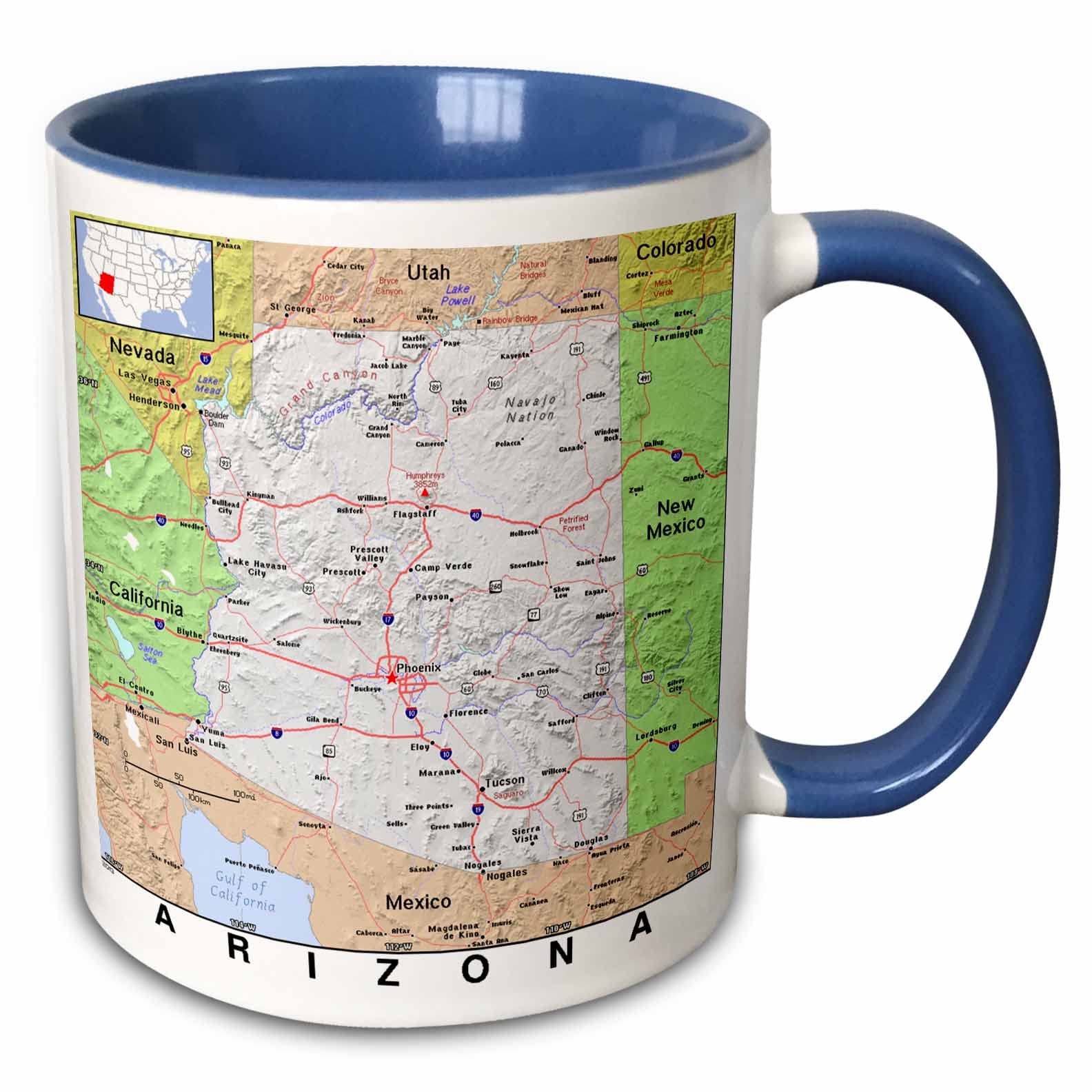 3dRose Print of Arizona Cities and State Map - Two Tone Blue Mug, Ceramic, Blue, 10.16 x 7.62 x 9.52 cm