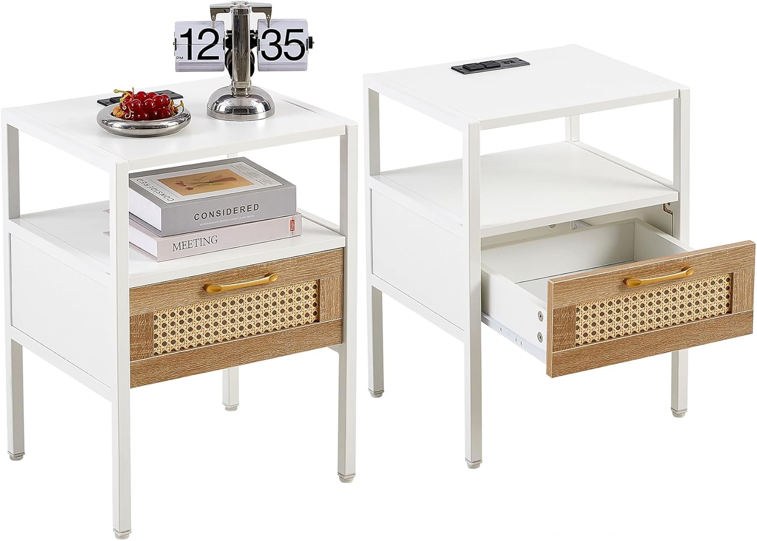 Set of 2 Modern Nightstand with Drawers and Charging Station for Bedroom, Bed Side Table, End Tables for Living Room (C2-White)
