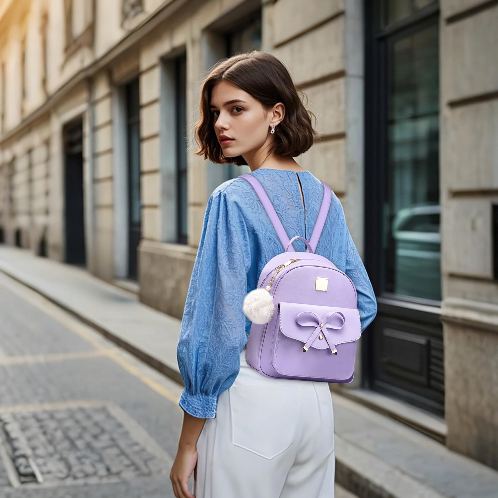 Mochila Mujer Pequeña Set 3 Piezas Bolso Bandolera Monedero PU Cuero Mochilas Antirrobo Elegante Bolsos Mochila Niñas con Lazo para Viaje Trabajar Fiesta