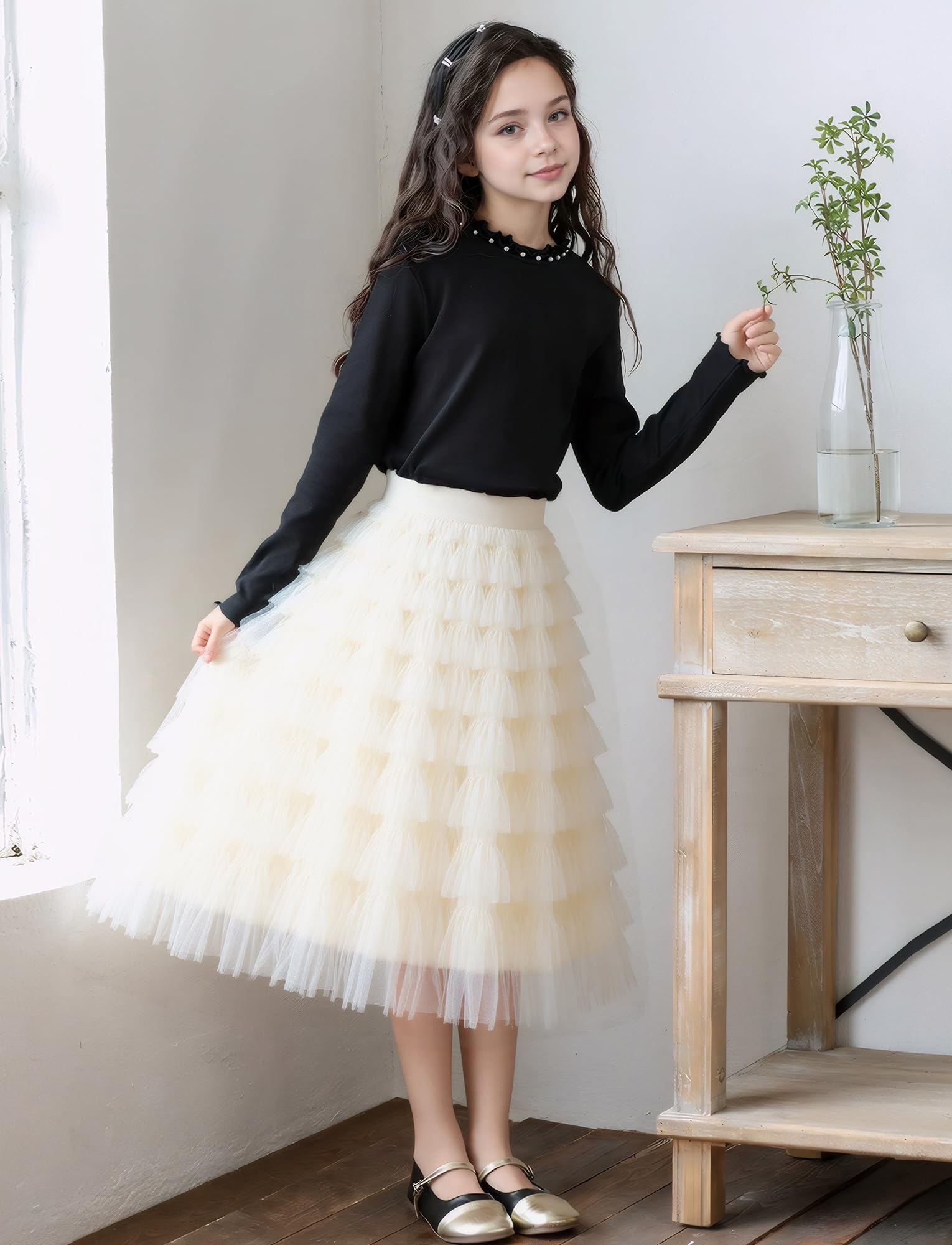Maeau Jupe Tulle Longue pour Fille, Jupe Taille Élastique A-Line Oscillante, Jupes Dentelle Décontractée Élégante à Doublure Souple, Confort, 5–13 Ans/120-160cm