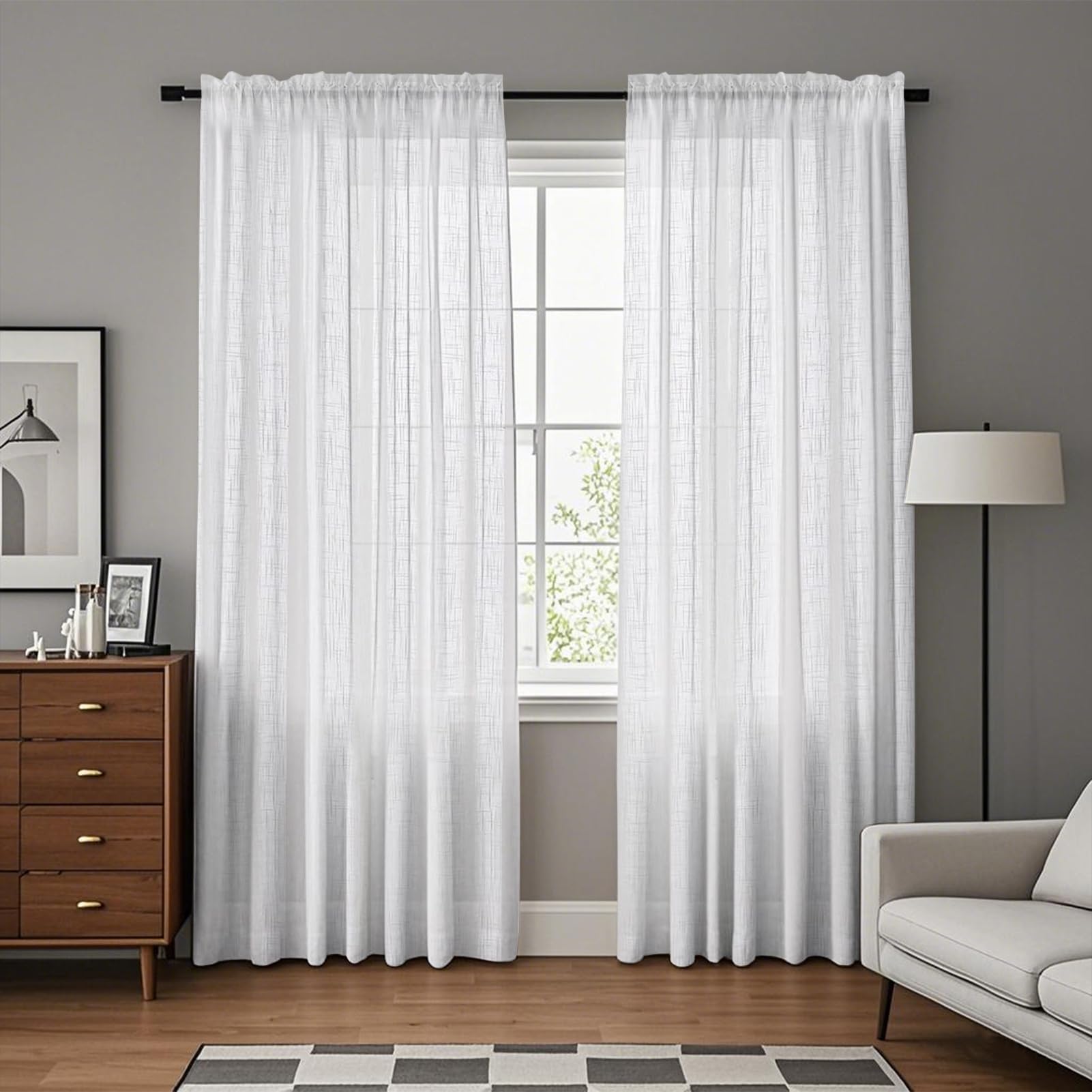 NAKIHOUSE Linen Voile Curtain, 2 Panels White Net Curtains for Windows 96 Drop
