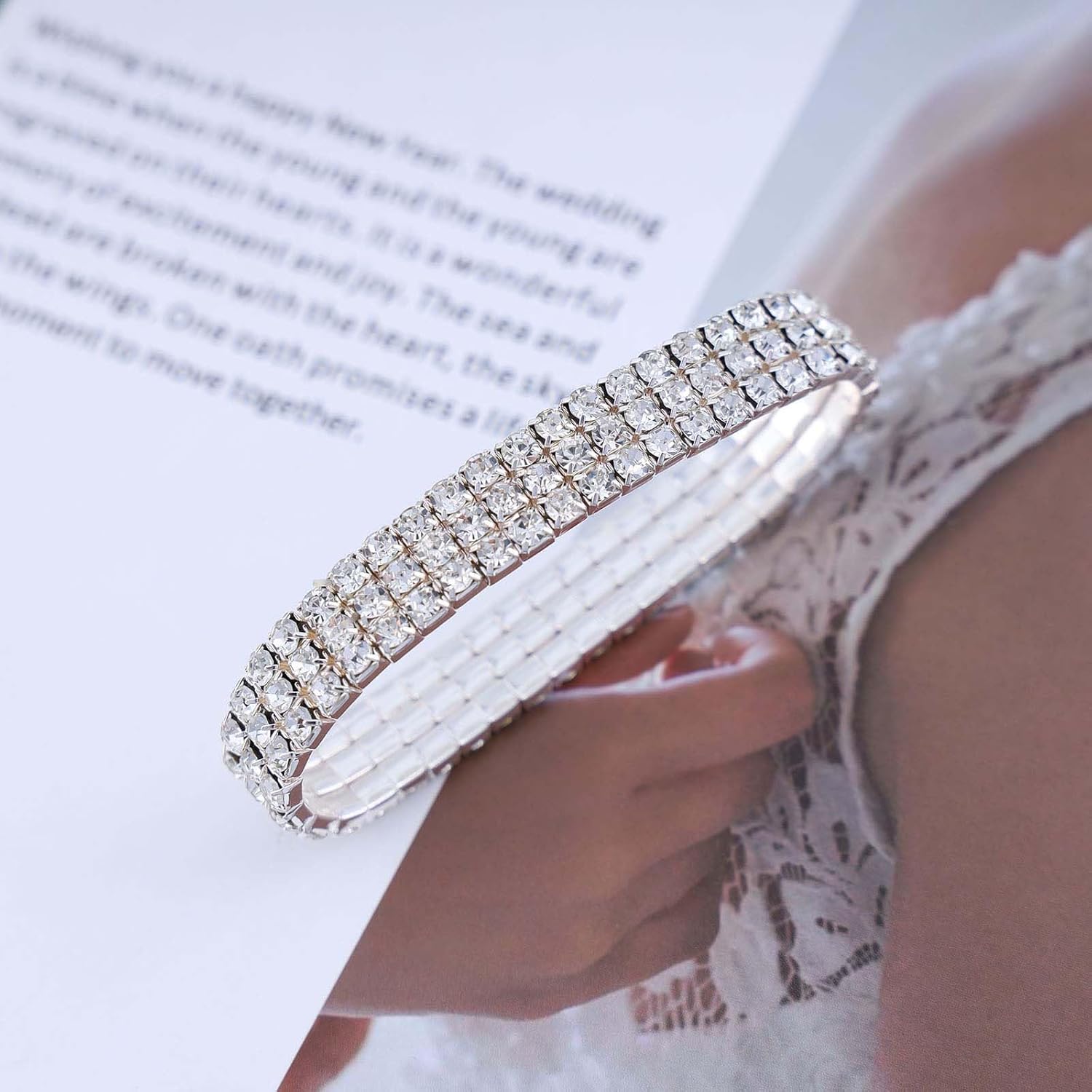Vintage Layered Rhinestone Tennis Bracelet Elastic Crystal Chain Bracelet Stretch Cz Bracelet Crystal Bride Cz Hand Chain Bracelet Jewelry for Women - Image 4