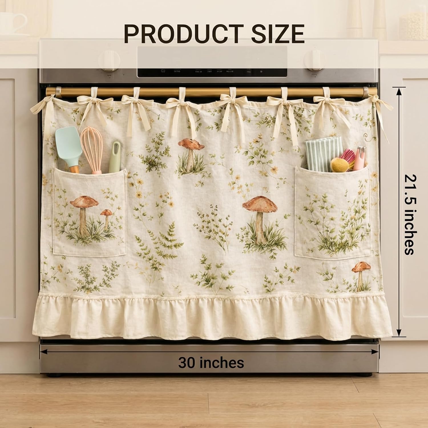 Oven Skirt Curtain, Oven Skirt Curtain for Door with Pockets, Modern Farmhouse Kitchen Decor, Ribbon Ties, Tabs & Ruffled Trim, for Dishwashers, Washing Machines & Ranges, Hide Clutter