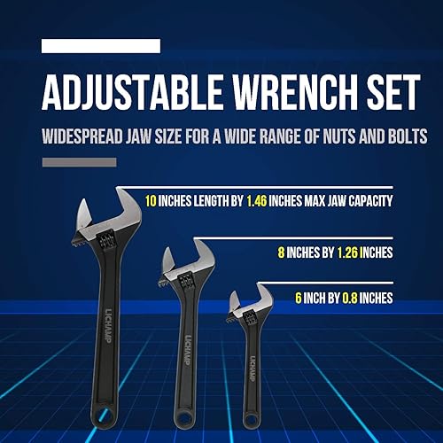 Miniatura 3 de Lichamp Juego de llaves ajustables CR-V de 3 piezas, de grado industrial, acero al cromo vanadio, acabado de óxido negro, mandíbula ancha, 6, 8, 10
