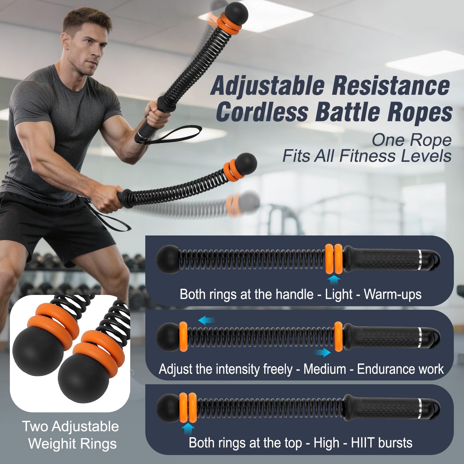 Verstellbare, seillose Kampfseile, gewichtete schnurlose Kampfseile für das Fitnessstudio zu Hause, leise, rutschfeste Übungsseile für Heimtraining, tragbares Kampfseil für HIIT-Kraft und
