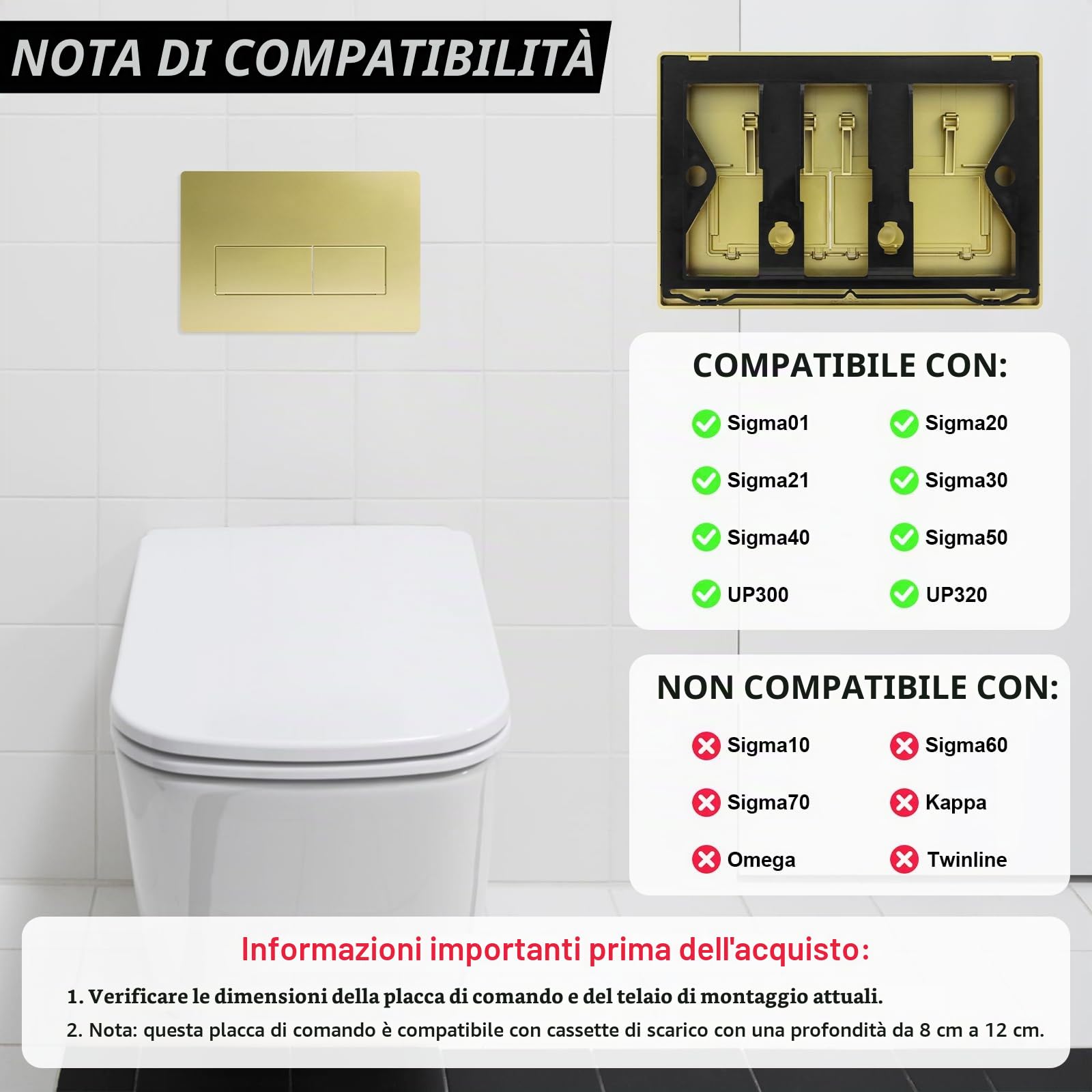 Placca di comando WC, piastra di scarico a doppio scarico compatibile con GEBERIT SIGMA01 UP300/320, placca di ricambio 115.770.11.5, oro