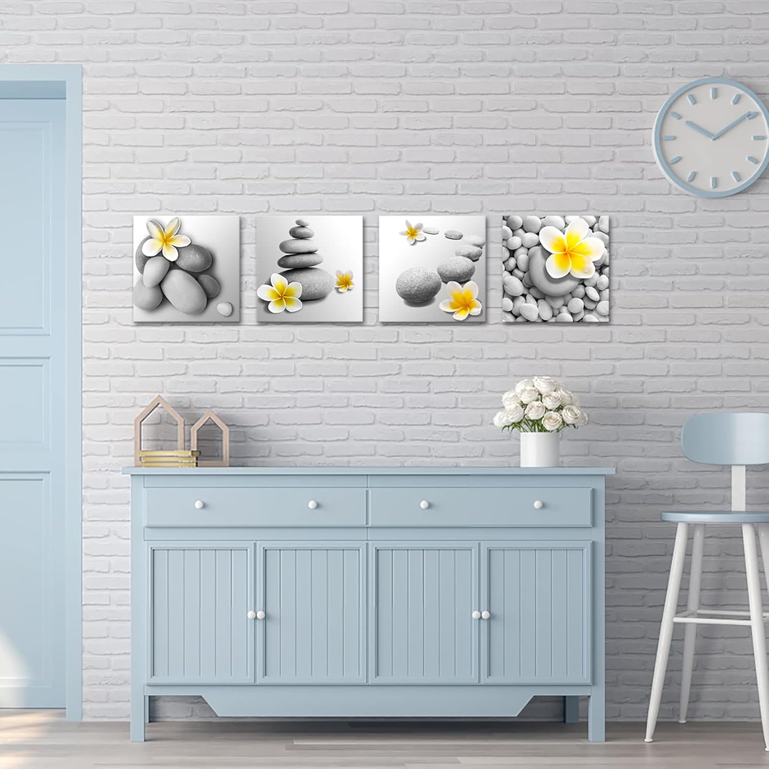 VANSEEING 4 Panels Modern Yellow Gray Bathroom Wall Art Decor Zen Flowers and Pebble Stone Pictures Canvas Print Framed Ready to Hang Spa Room Decoration 12x12inchx4pcs (Small, Yellow)