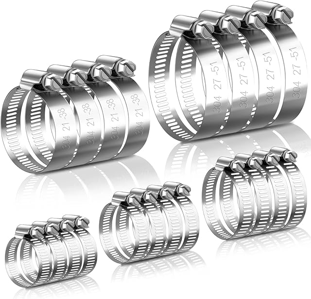 JatilEr 20 Pcs Hose Clips Set, Adjustable 6-51mm Range Hose Clamps 304 Stainless Steel Clips Hose Assorted, Pipe Clamps Hose Pipe Clips Small (6-12mm, 13-19mm, 16-25mm, 21-38mm, 27-51mm)