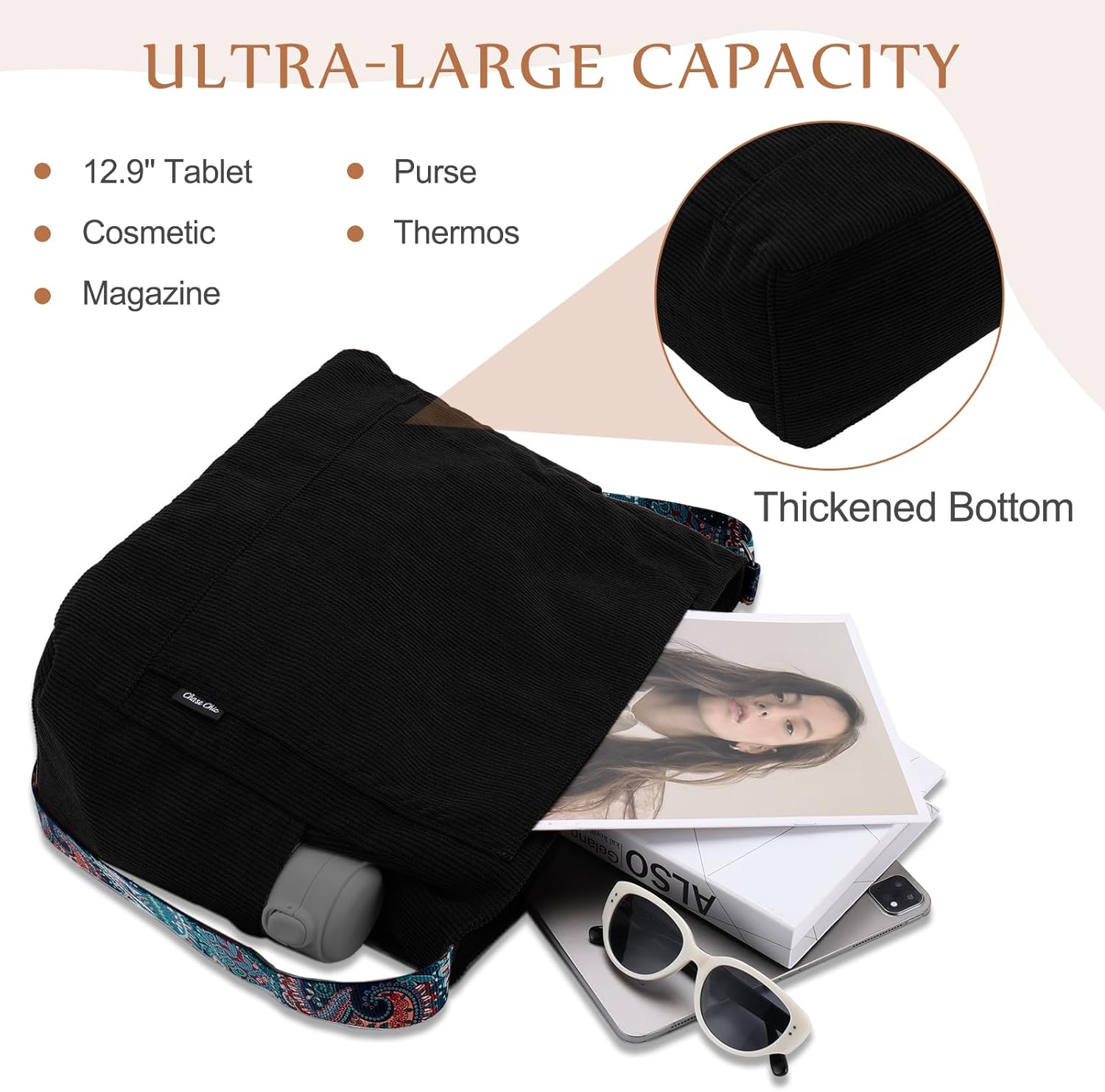 Chase Chic Corduroy Tote Bag for Women, Large Messenger Bag Crossbody Hobo Bag Convertible Shoulder Handbag for Work - Image 5