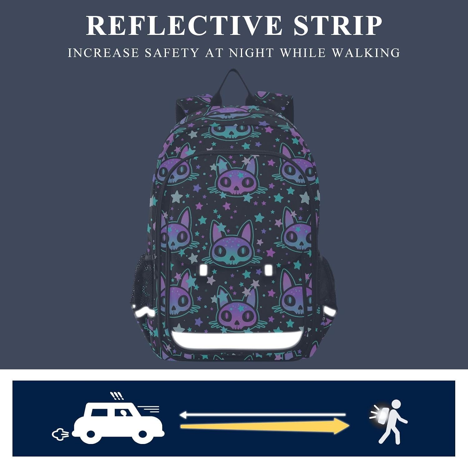 senya Backpack for Boys Girls, Cat Skull with Stars Backpack Students Bookbag Daypack for School Primary Teens