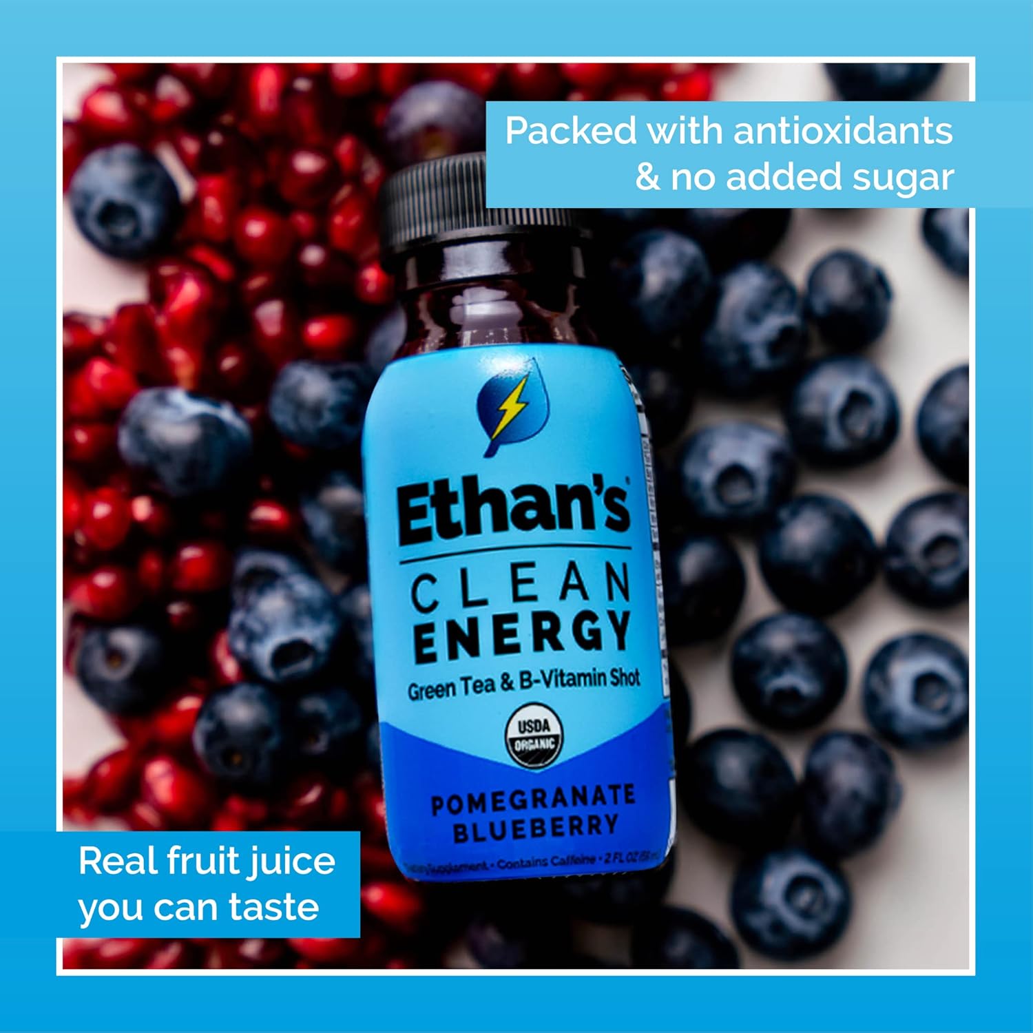 Ethan's Organic Clean Energy Shots Pomegranate Blueberry, Sugar Free Natural Pre-Workout Focus Boost, Gluten Free, Vegan, B6 & B12 Vitamin C with Green Tea Extract and Guayusa (4 Pack of 2oz Shots)