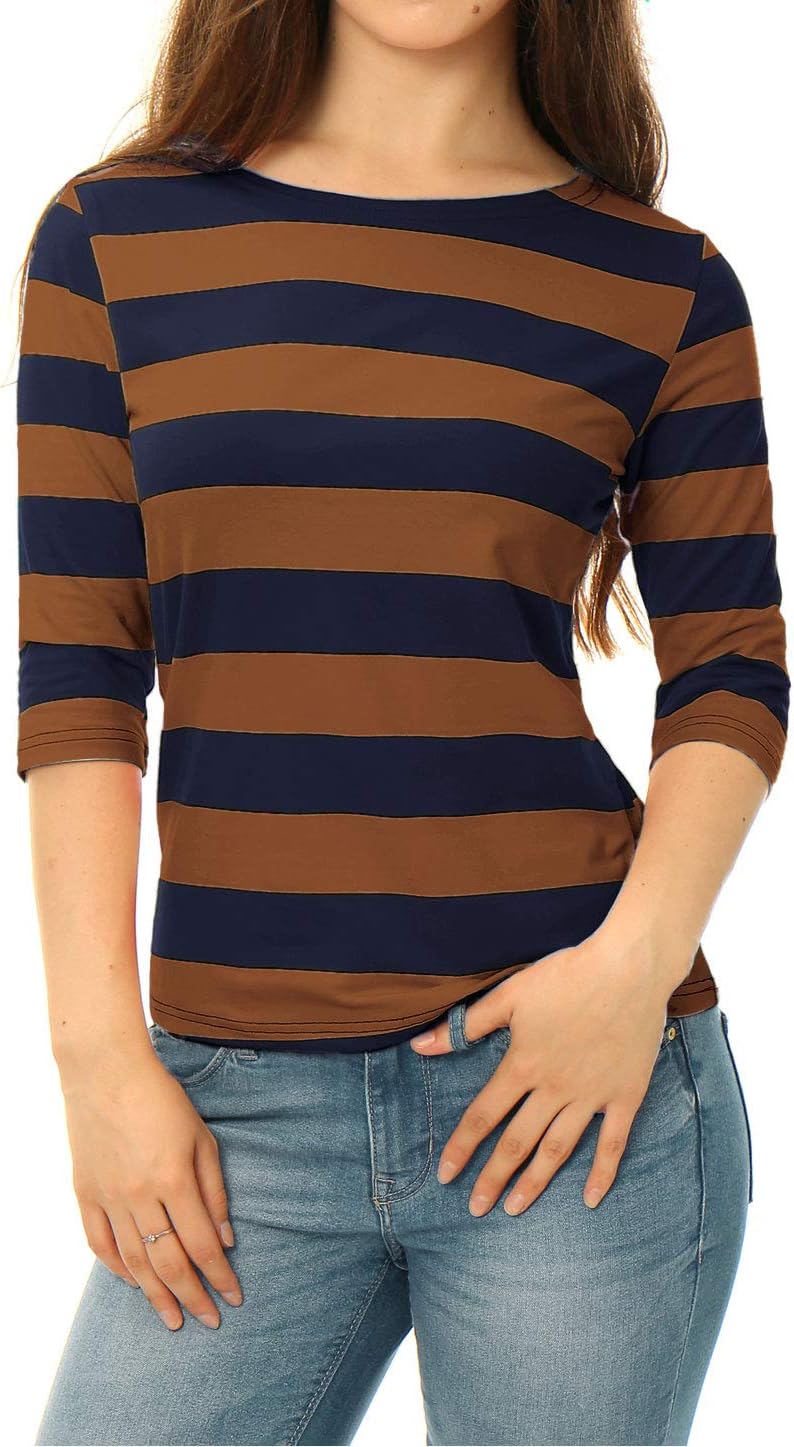 Allegra K Women's Striped Shirt Elbow Sleeve Slim Fit Tops Casual Basic Boat Neck Top - Image 2