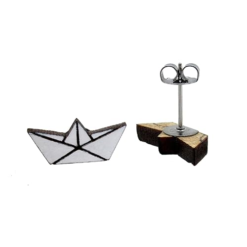 Origami Paper Boat White Painted Wood Stud Earrings with Hypoallergenic Nickel Free Titanium Posts, Sailor Captain Cute Boating Jewelry