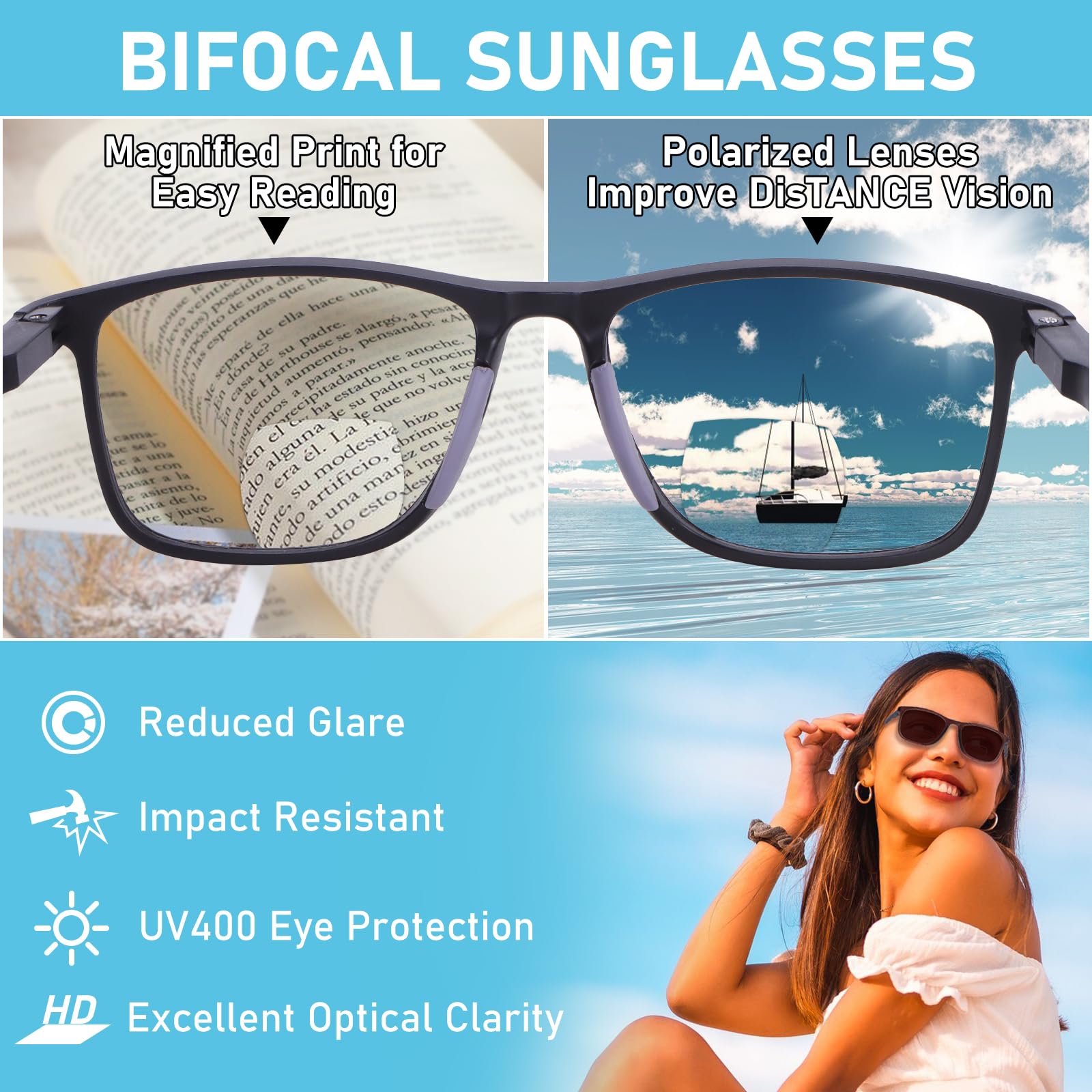 BLOEXCLU - Bifokale Lesebrille Herren UV400 Schutz, Ideal für den Außenbereich, Bifokale Lesebrille für Damen und Herren (4 Gemischte Dioptrien A, 2)