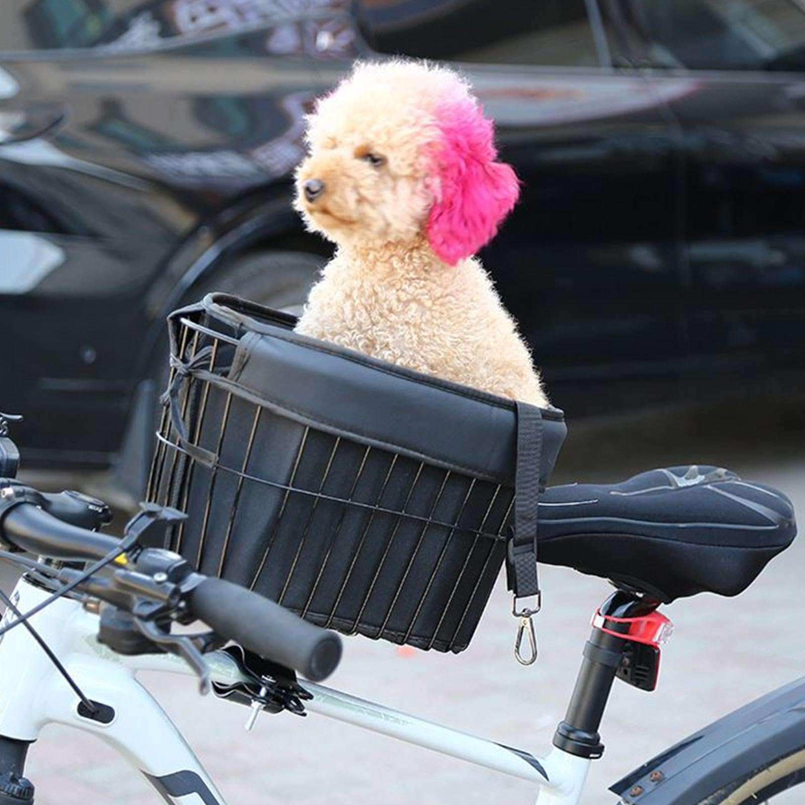 Dog Bikes Basket, Pet Front Bicycles Carrier, Soft Metal Frame with PU Liner, Lightweight Strong Comfortable Secure Puppy Carrier for Cycling, 7.5kg, Black
